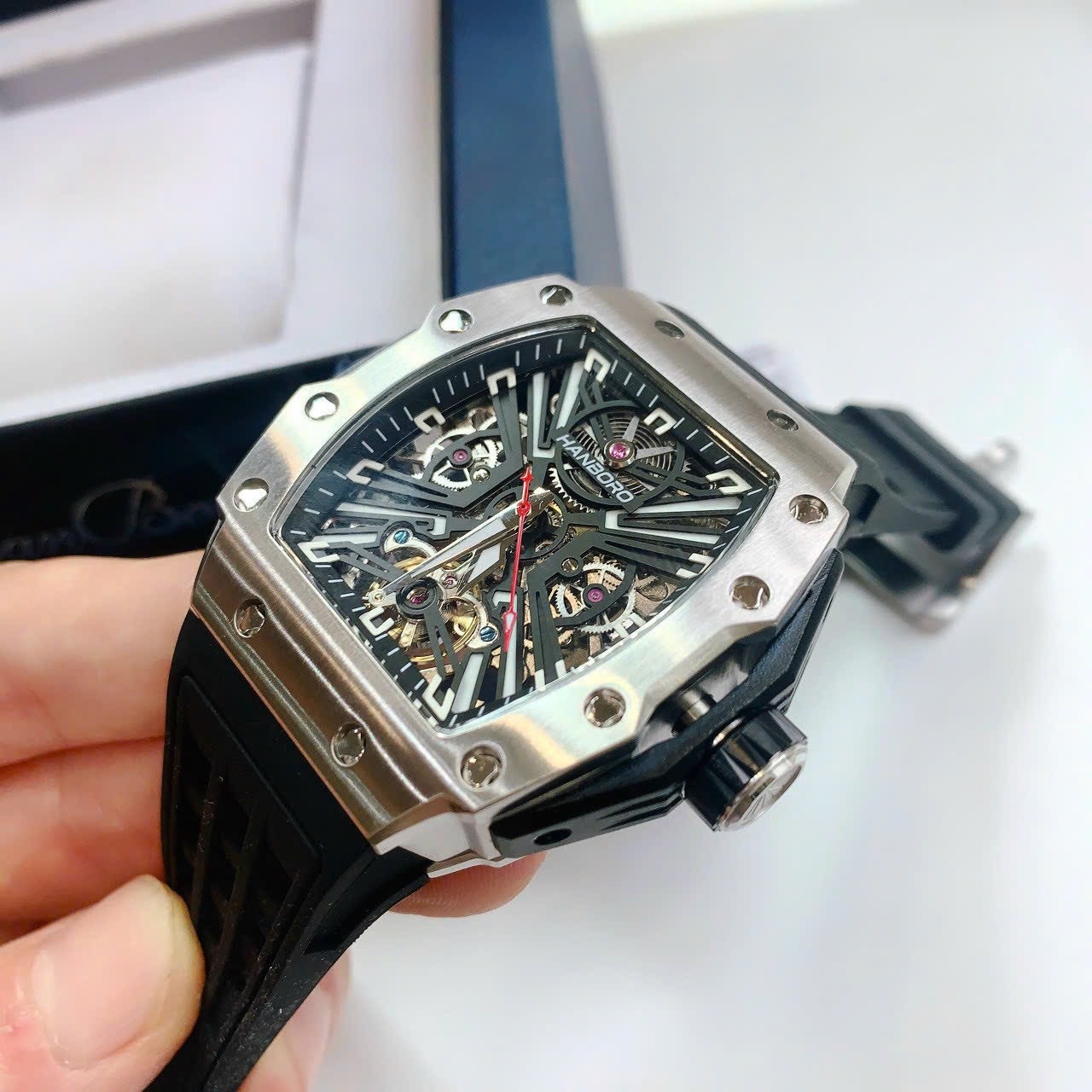 Đồng Hồ Hanboro Mặt Oval X |Silver |Nam Giới |Dây Cao Su |Máy Hở Tim (Automatic) |Size 43x50mm |Donghogioatot.vn