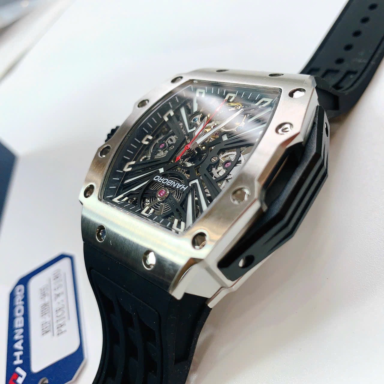 Đồng Hồ Hanboro Mặt Oval X |Silver |Nam Giới |Dây Cao Su |Máy Hở Tim (Automatic) |Size 43x50mm |Donghogioatot.vn