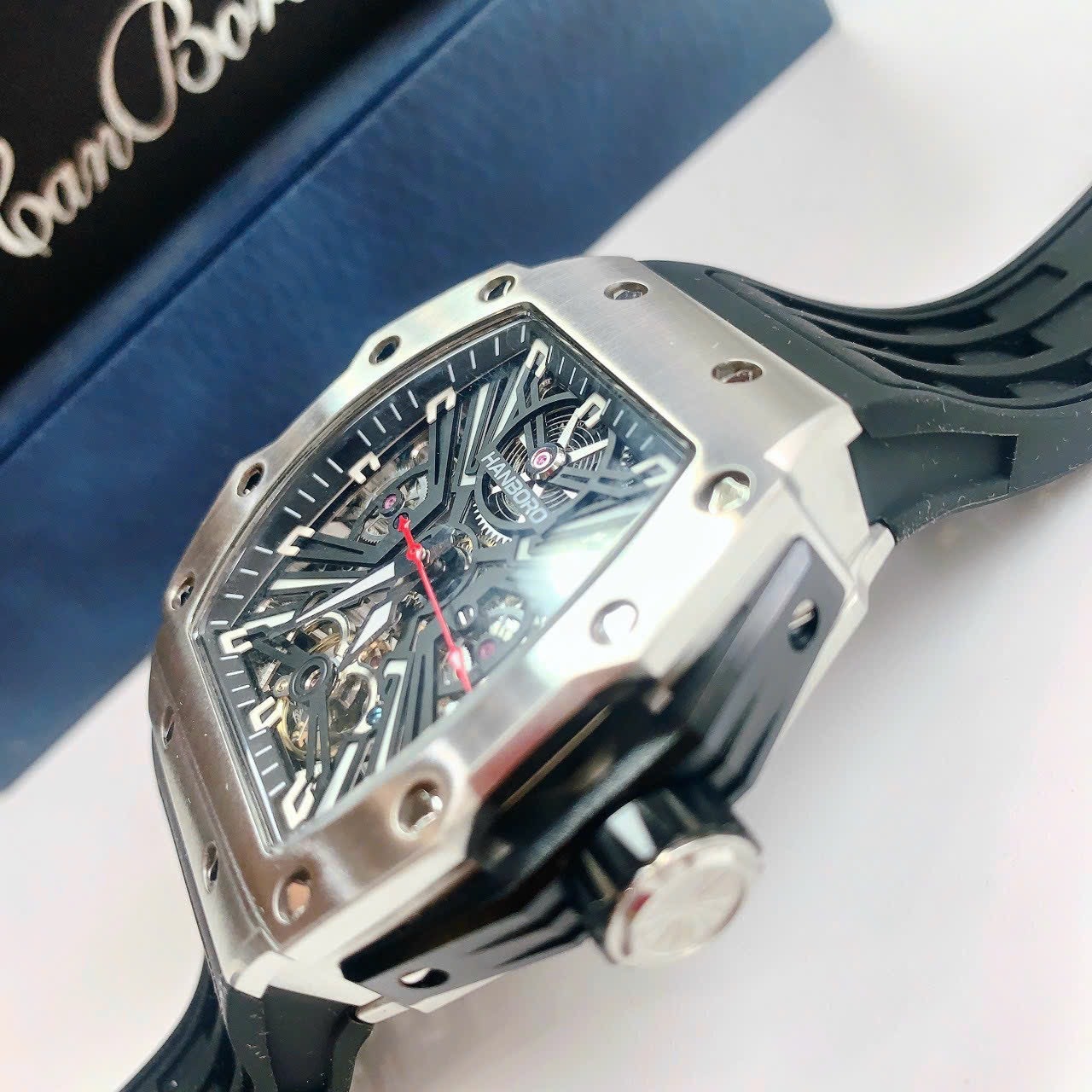 Đồng Hồ Hanboro Mặt Oval X |Silver |Nam Giới |Dây Cao Su |Máy Hở Tim (Automatic) |Size 43x50mm |Donghogioatot.vn