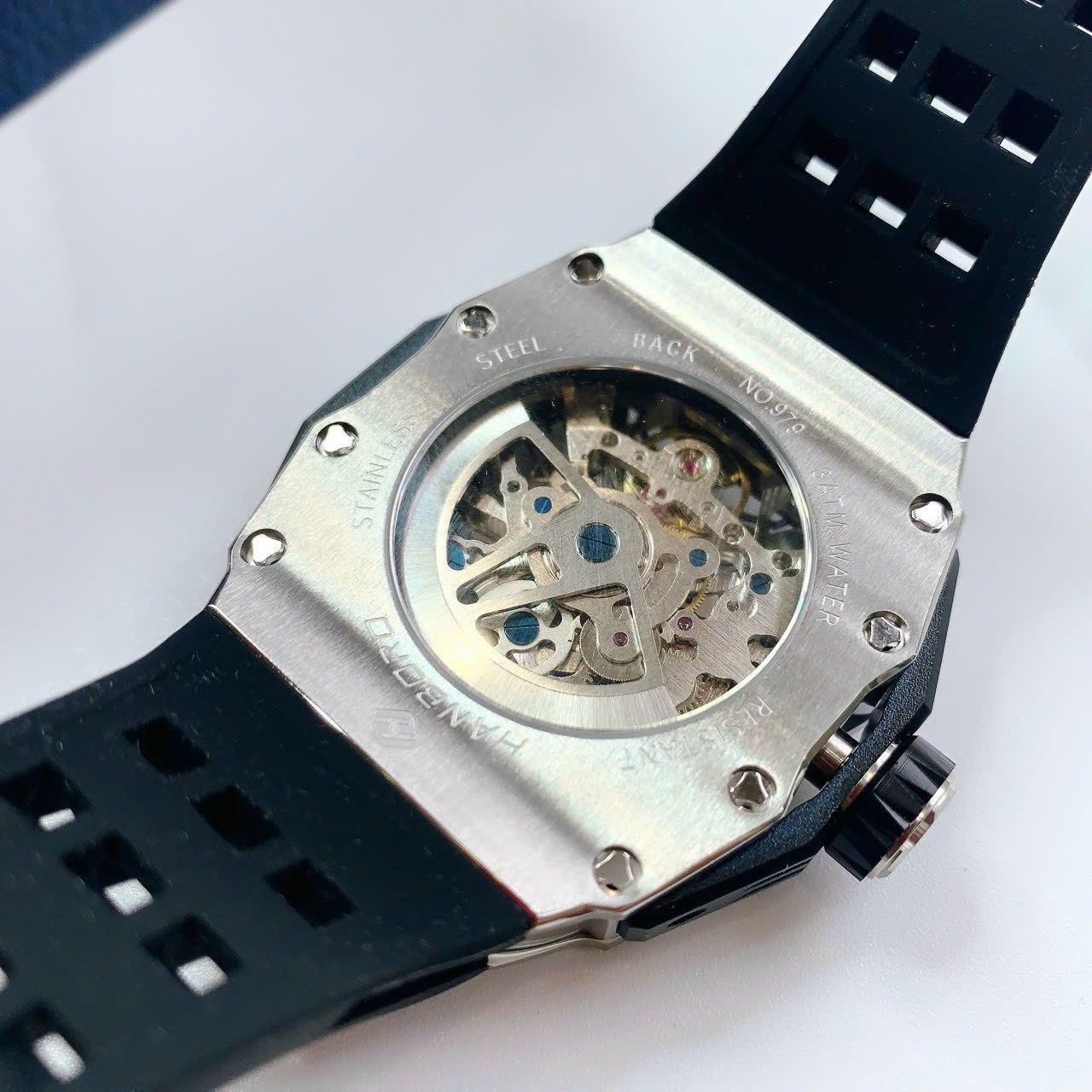 Đồng Hồ Hanboro Mặt Oval X |Silver |Nam Giới |Dây Cao Su |Máy Hở Tim (Automatic) |Size 43x50mm |Donghogioatot.vn