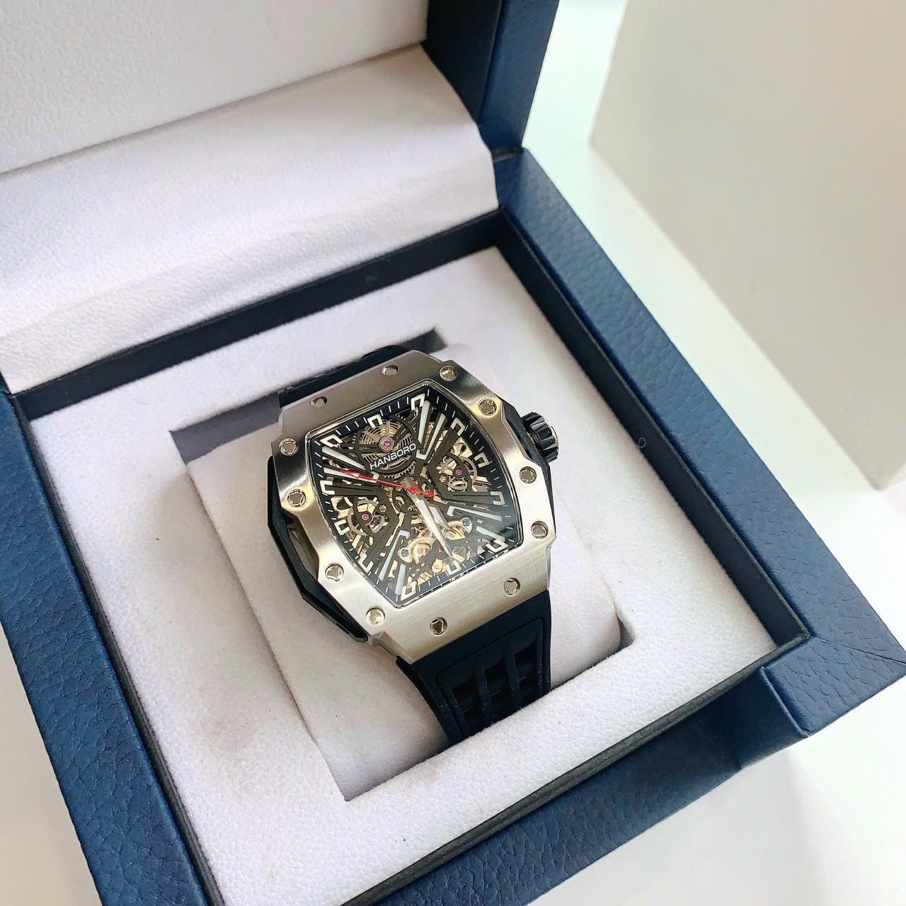 Đồng Hồ Hanboro Mặt Oval X |Silver |Nam Giới |Dây Cao Su |Máy Hở Tim (Automatic) |Size 43x50mm |Donghogioatot.vn