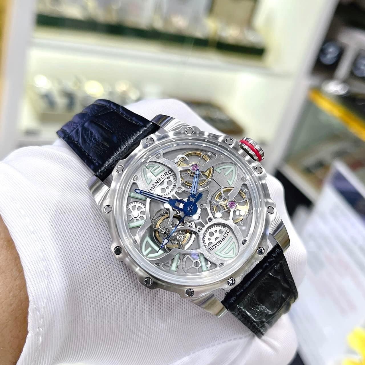 Đồng Hồ Hanboro Mặt Cỏ 4 Lá |Nam Giới |Dây Da |Trắng Silver |Máy Lộ Cơ (Automatic) |Size 43mm |Donghogiatot.vn