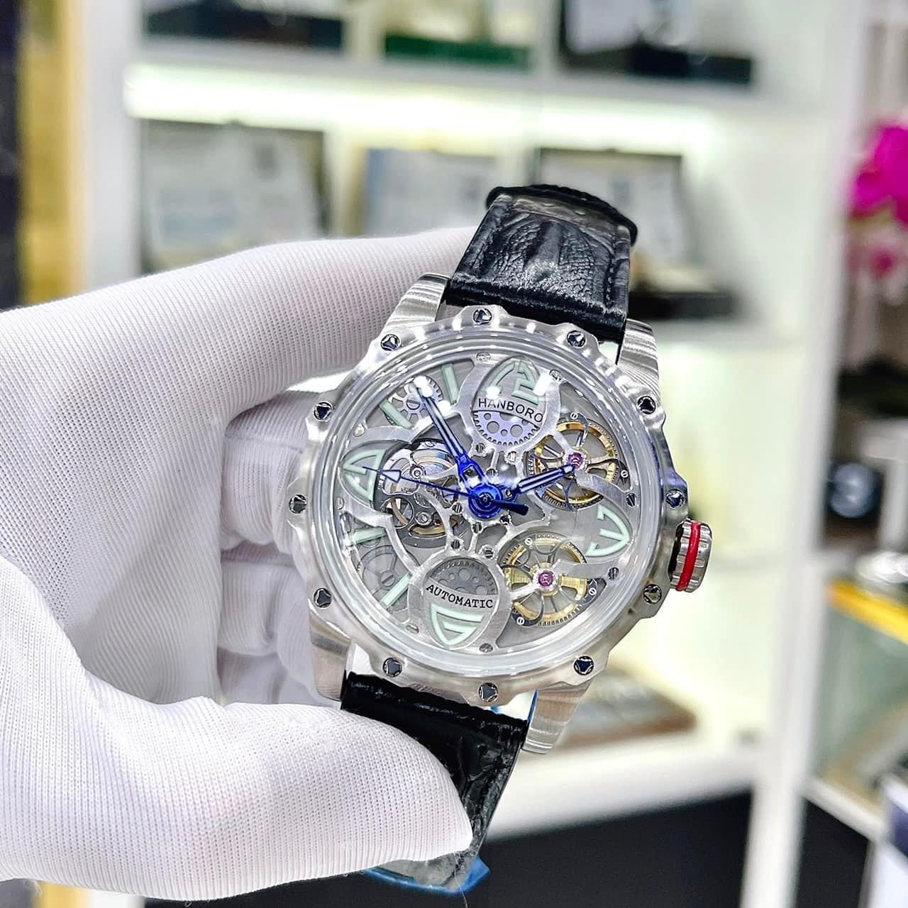 Đồng Hồ Hanboro Mặt Cỏ 4 Lá |Nam Giới |Dây Da |Trắng Silver |Máy Lộ Cơ (Automatic) |Size 43mm |Donghogiatot.vn
