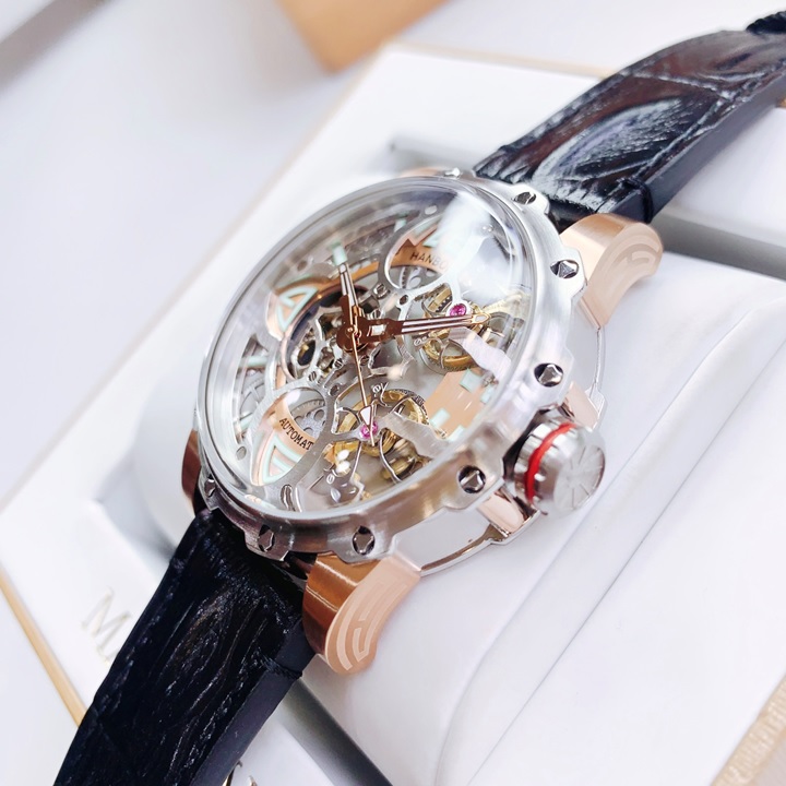 Đồng Hồ Hanboro Mặt Cỏ 4 Lá |Nam Giới |Dây Da |Demi Rose Gold |Máy Cơ (Automatic) |Size 43mm |Donghogiatot.vn