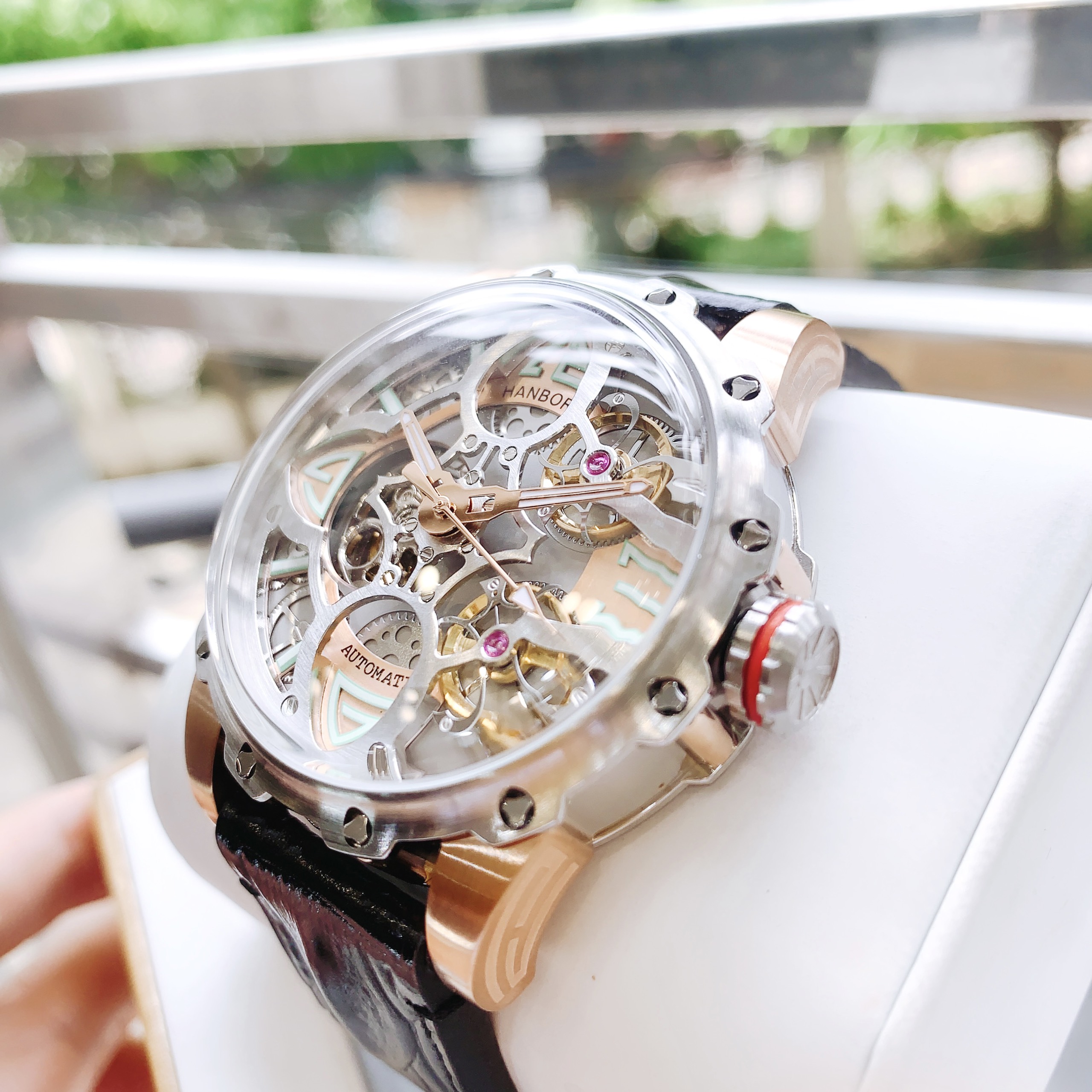 Đồng Hồ Hanboro Mặt Cỏ 4 Lá |Nam Giới |Dây Da |Demi Rose Gold |Máy Cơ (Automatic) |Size 43mm |Donghogiatot.vn