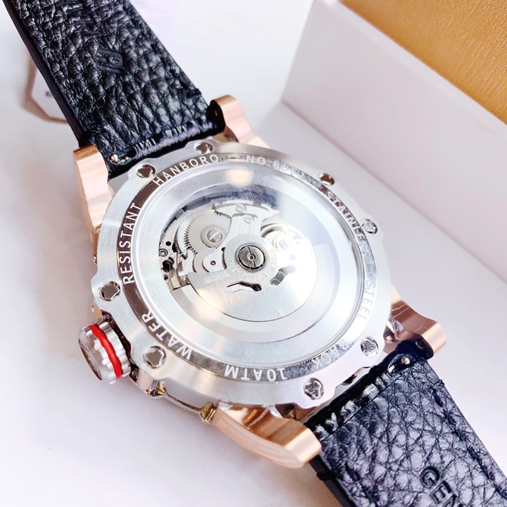 Đồng Hồ Hanboro Mặt Cỏ 4 Lá |Nam Giới |Dây Da |Demi Rose Gold |Máy Cơ (Automatic) |Size 43mm |Donghogiatot.vn