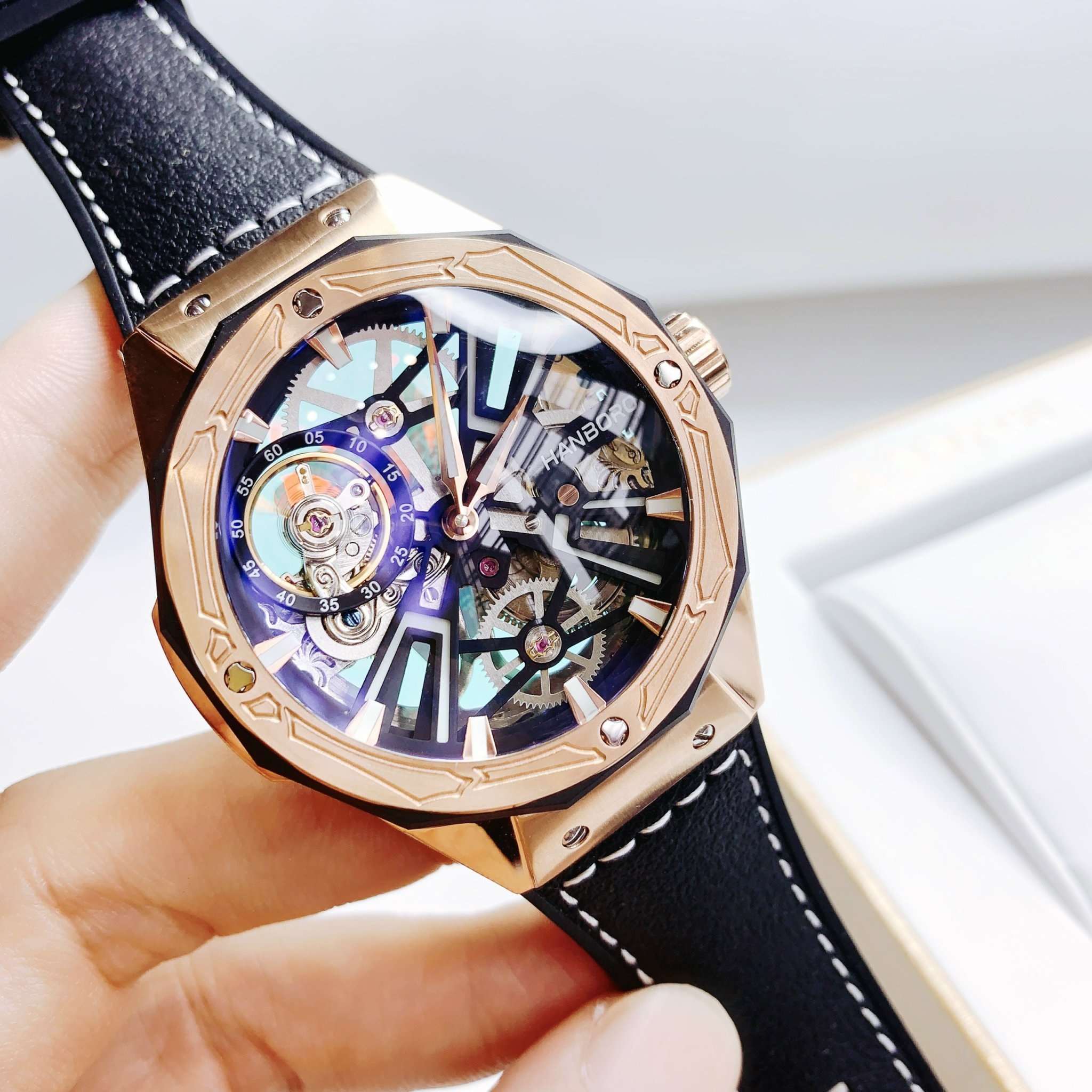 Đồng Hồ Hanboro Skeleton |Rose Gold |Nam Giới |Dây Cao Su |Máy Lộ Cơ (Automatic) |Size 45mm \Donghogiatot.vn