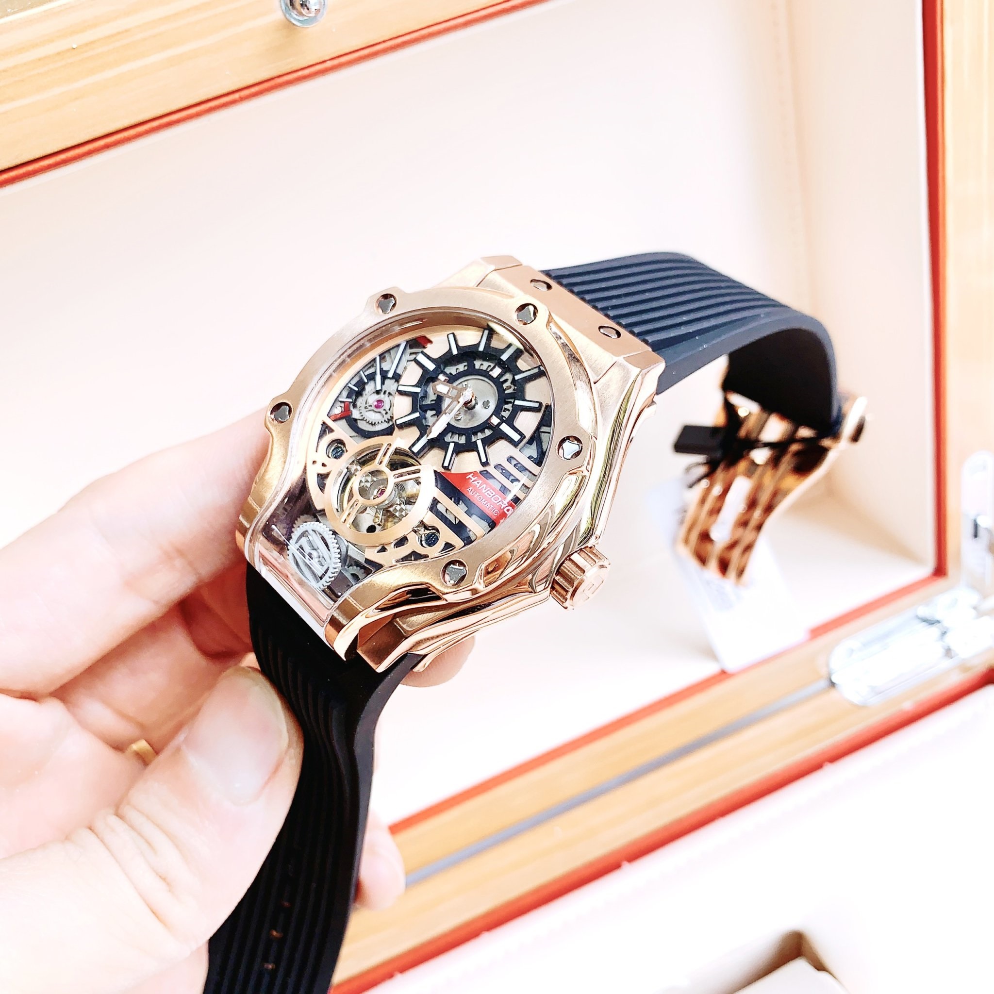 Đồng Hồ Hanboro Tourbillon |Rose Gold |Nam Giới |Dây Cao Su |Máy Lộ Cơ (Automatic) |Size 42x52mm |Donghogiatot.vn