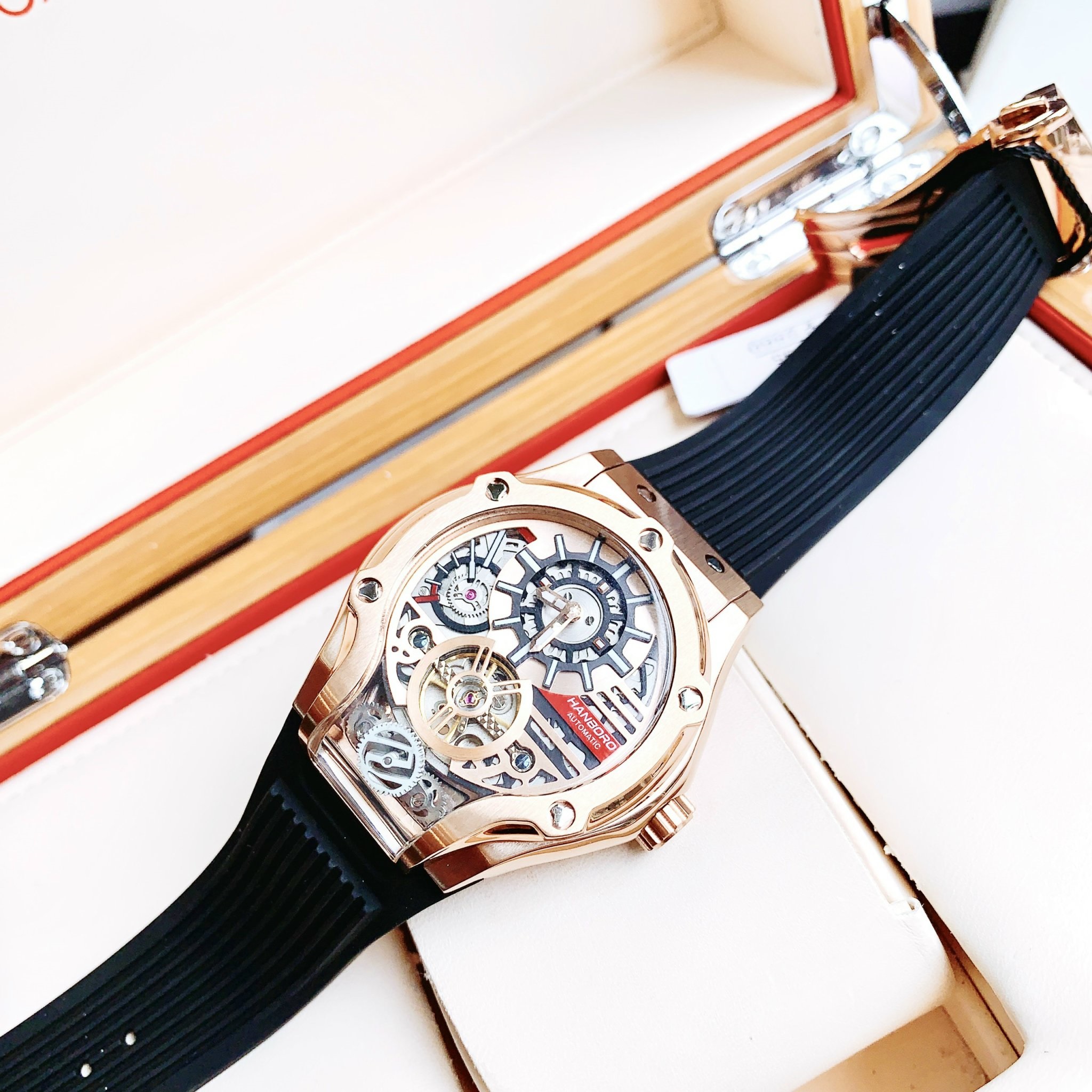 Đồng Hồ Hanboro Tourbillon |Rose Gold |Nam Giới |Dây Cao Su |Máy Lộ Cơ (Automatic) |Size 42x52mm |Donghogiatot.vn