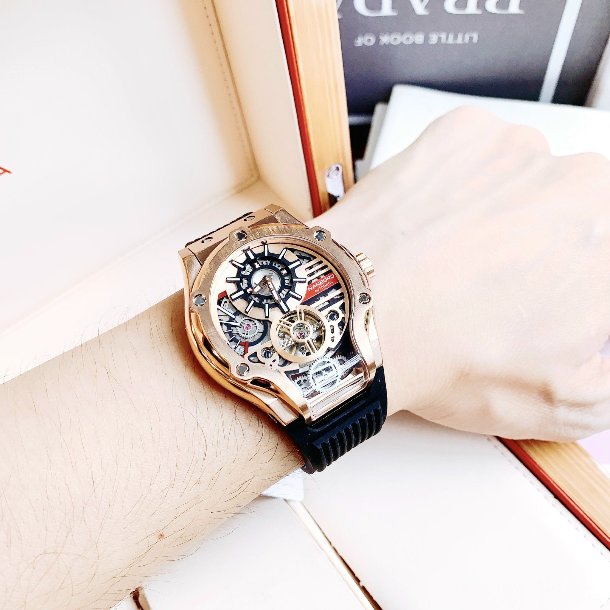 Đồng Hồ Hanboro Tourbillon |Rose Gold |Nam Giới |Dây Cao Su |Máy Lộ Cơ (Automatic) |Size 42x52mm |Donghogiatot.vn