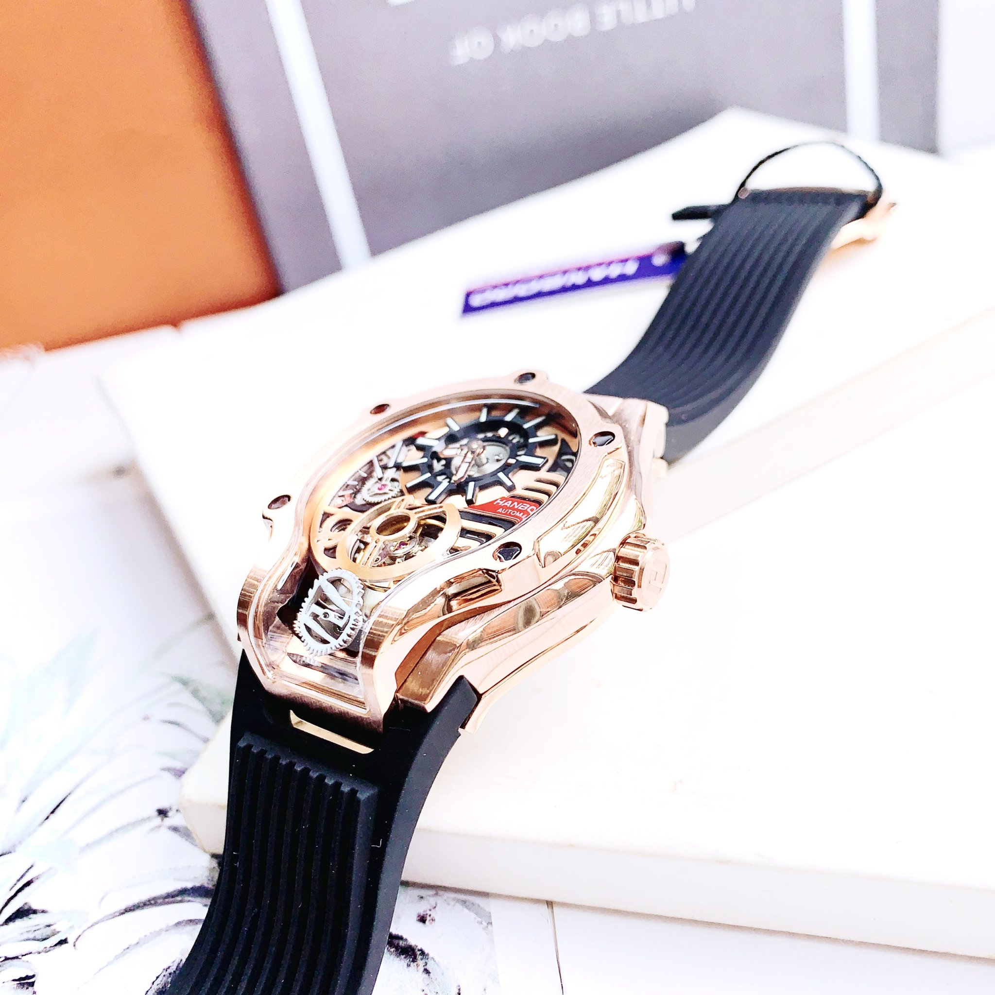 Đồng Hồ Hanboro Tourbillon |Rose Gold |Nam Giới |Dây Cao Su |Máy Lộ Cơ (Automatic) |Size 42x52mm |Donghogiatot.vn
