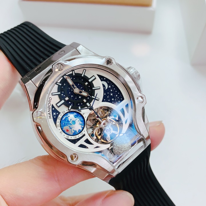 Đồng Hồ Hanboro Tourbillon |Trắng Silver |Nam Giới |Dây Cao Su |Máy Cơ (Automatic) |Size 42x52mm |Donghogiatot.vn