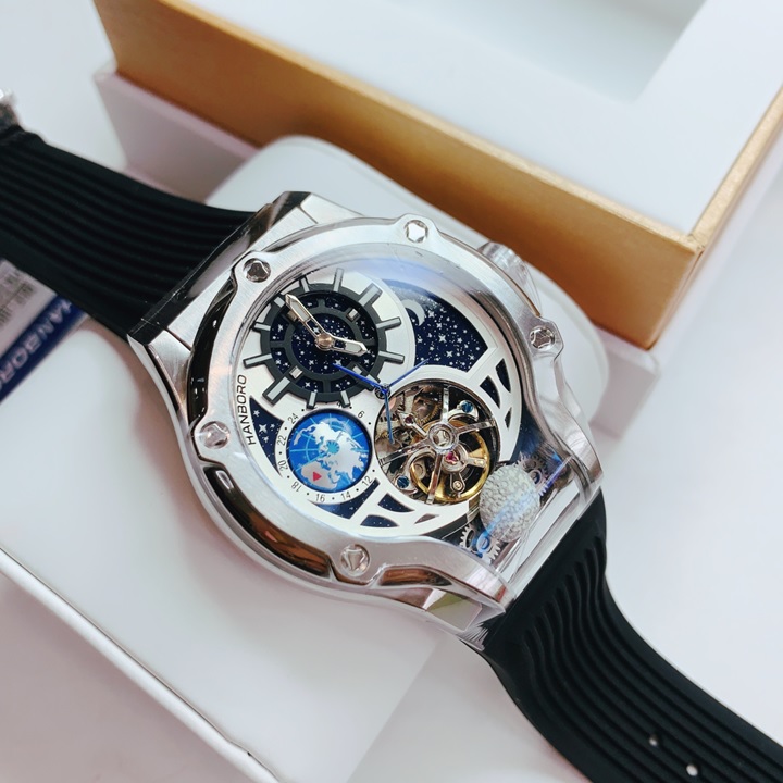 Đồng Hồ Hanboro Tourbillon |Trắng Silver |Nam Giới |Dây Cao Su |Máy Cơ (Automatic) |Size 42x52mm |Donghogiatot.vn