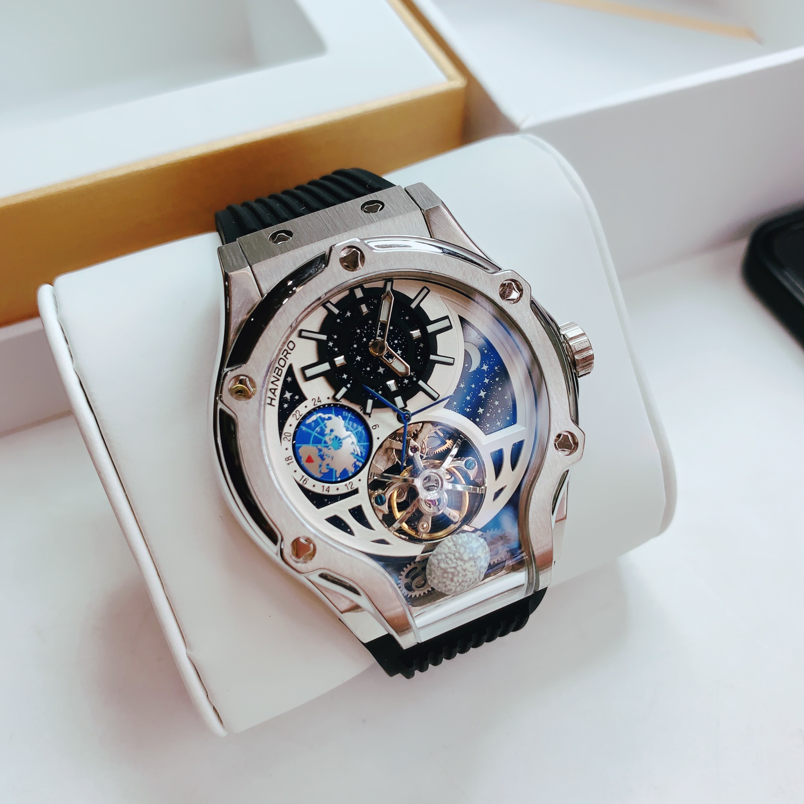 Đồng Hồ Hanboro Tourbillon |Trắng Silver |Nam Giới |Dây Cao Su |Máy Cơ (Automatic) |Size 42x52mm |Donghogiatot.vn