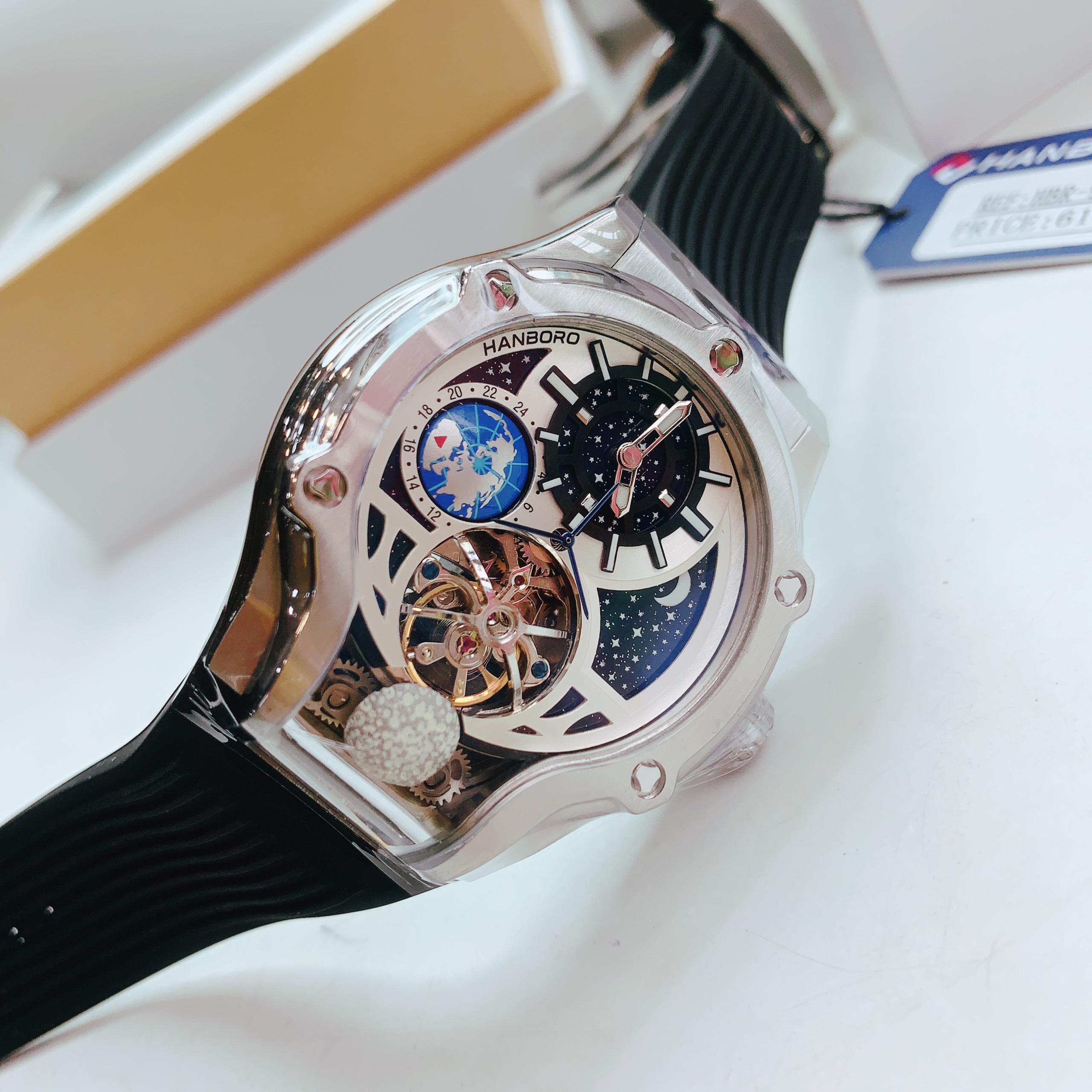 Đồng Hồ Hanboro Tourbillon |Trắng Silver |Nam Giới |Dây Cao Su |Máy Cơ (Automatic) |Size 42x52mm |Donghogiatot.vn