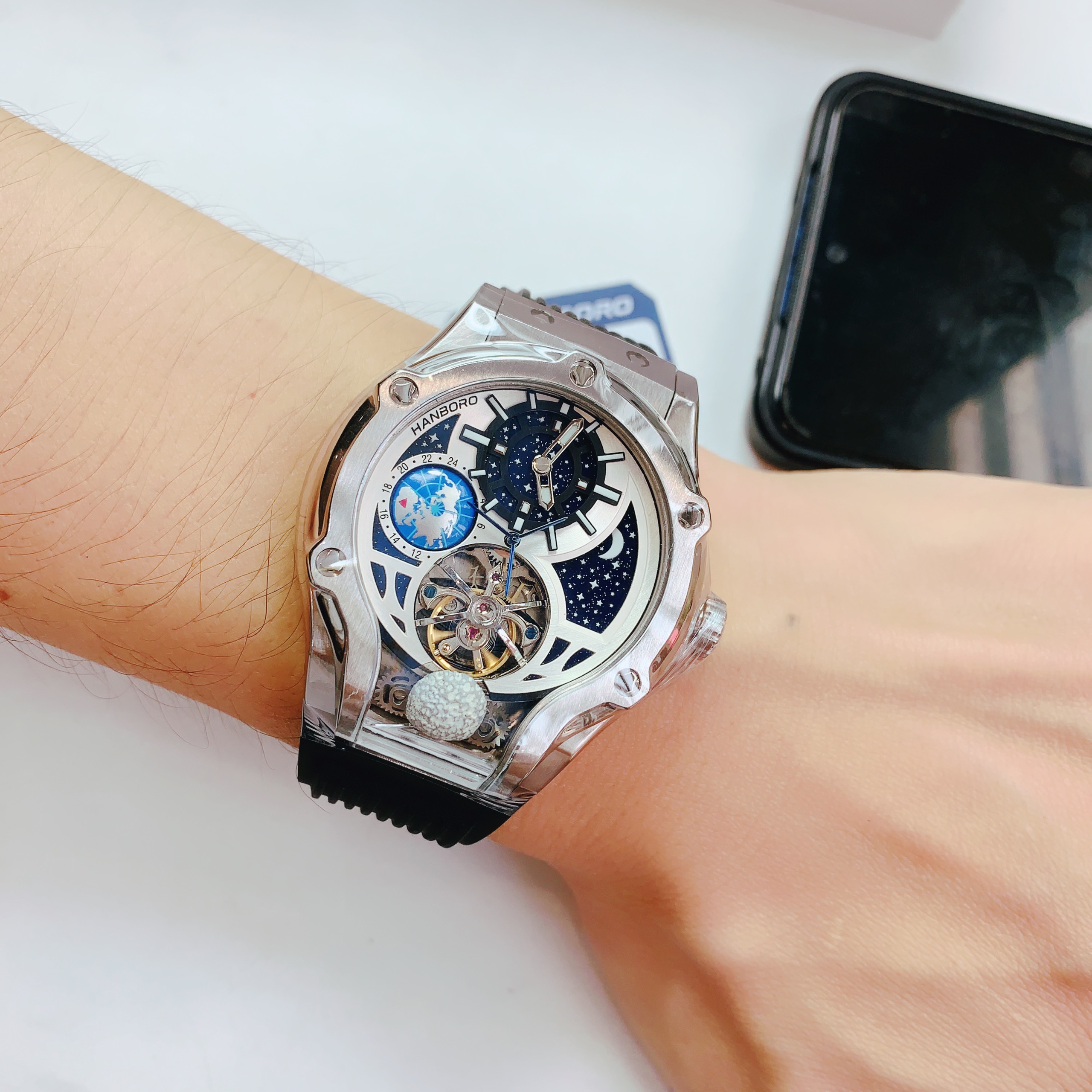 Đồng Hồ Hanboro Tourbillon |Trắng Silver |Nam Giới |Dây Cao Su |Máy Cơ (Automatic) |Size 42x52mm |Donghogiatot.vn