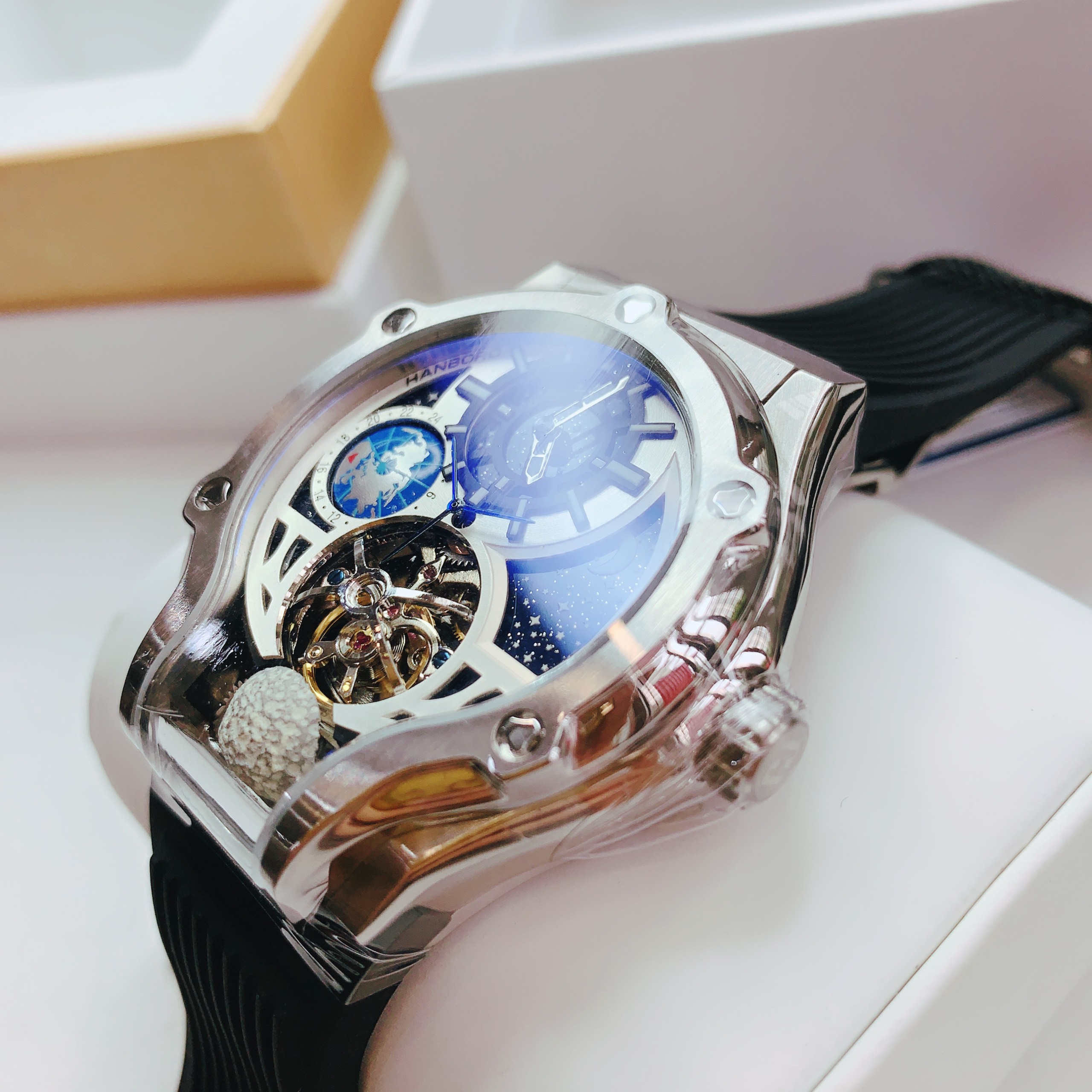 Đồng Hồ Hanboro Tourbillon |Trắng Silver |Nam Giới |Dây Cao Su |Máy Cơ (Automatic) |Size 42x52mm |Donghogiatot.vn