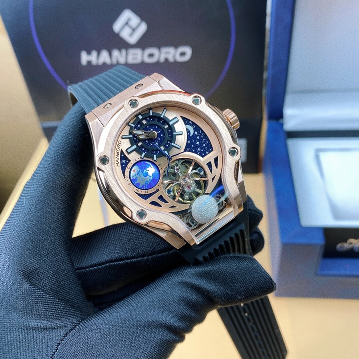 Đồng Hồ Hanboro Hublot Tourbillon |Rose Gold |Nam Giới |Dây Cao Su |Máy Cơ (Tự Động) |Size 42x52mm |Donghogiatot.vn