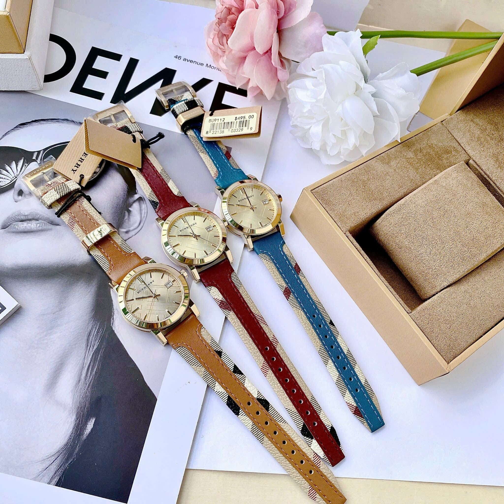 Đồng Hồ Burberry The City Haymarket |Nữ Giới |Vàng Gold |Dây Da Xanh Dương |Máy Pin (Quartz) |Size 34mm |donghogiatot.vn