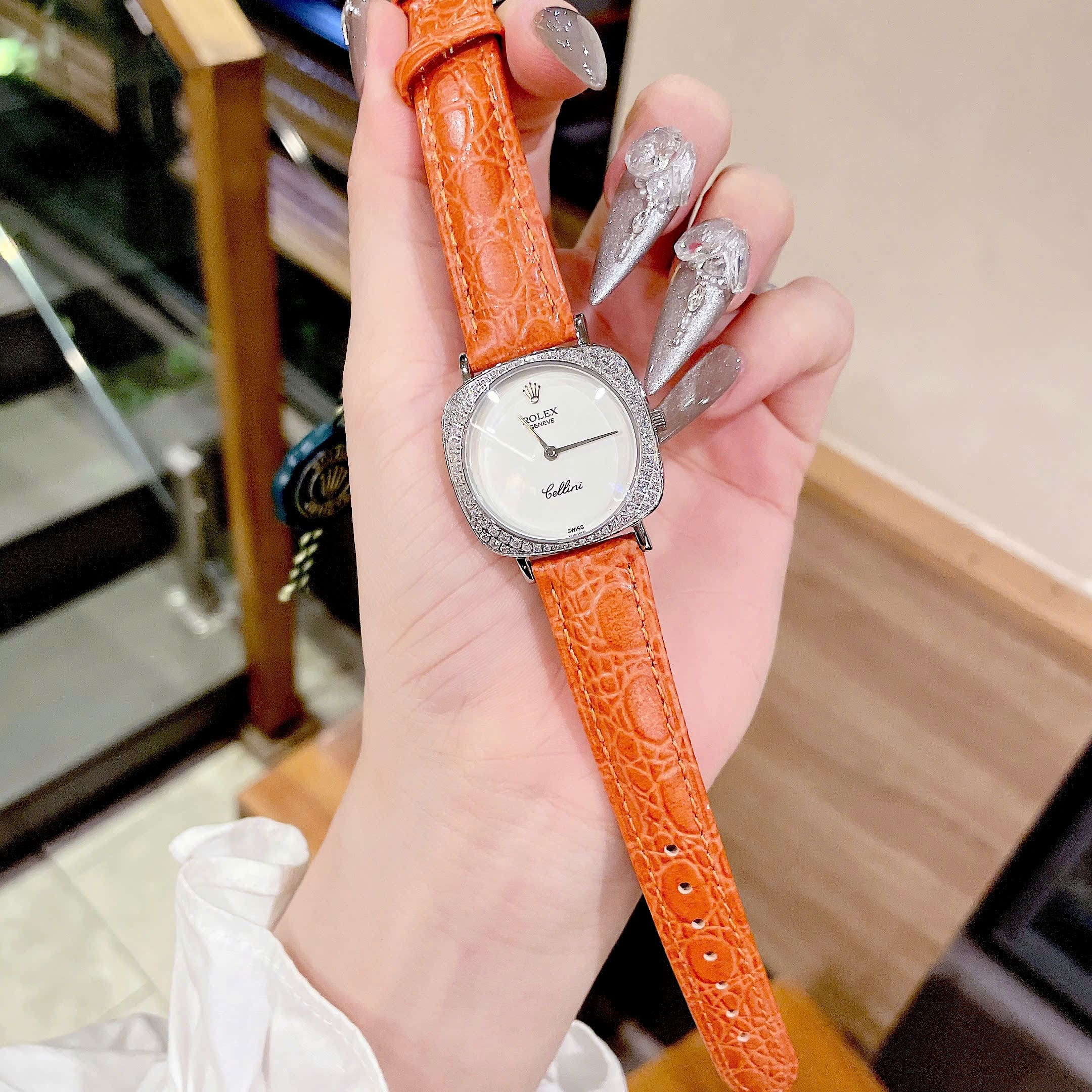 Đồng Hồ Rolex Cellini |Nữ Giới |Mặt Vuông |Đính Đá |Dây Da Cam |Máy Pin (Máy Quartz) |Size 33mm |donghogiatot.vn