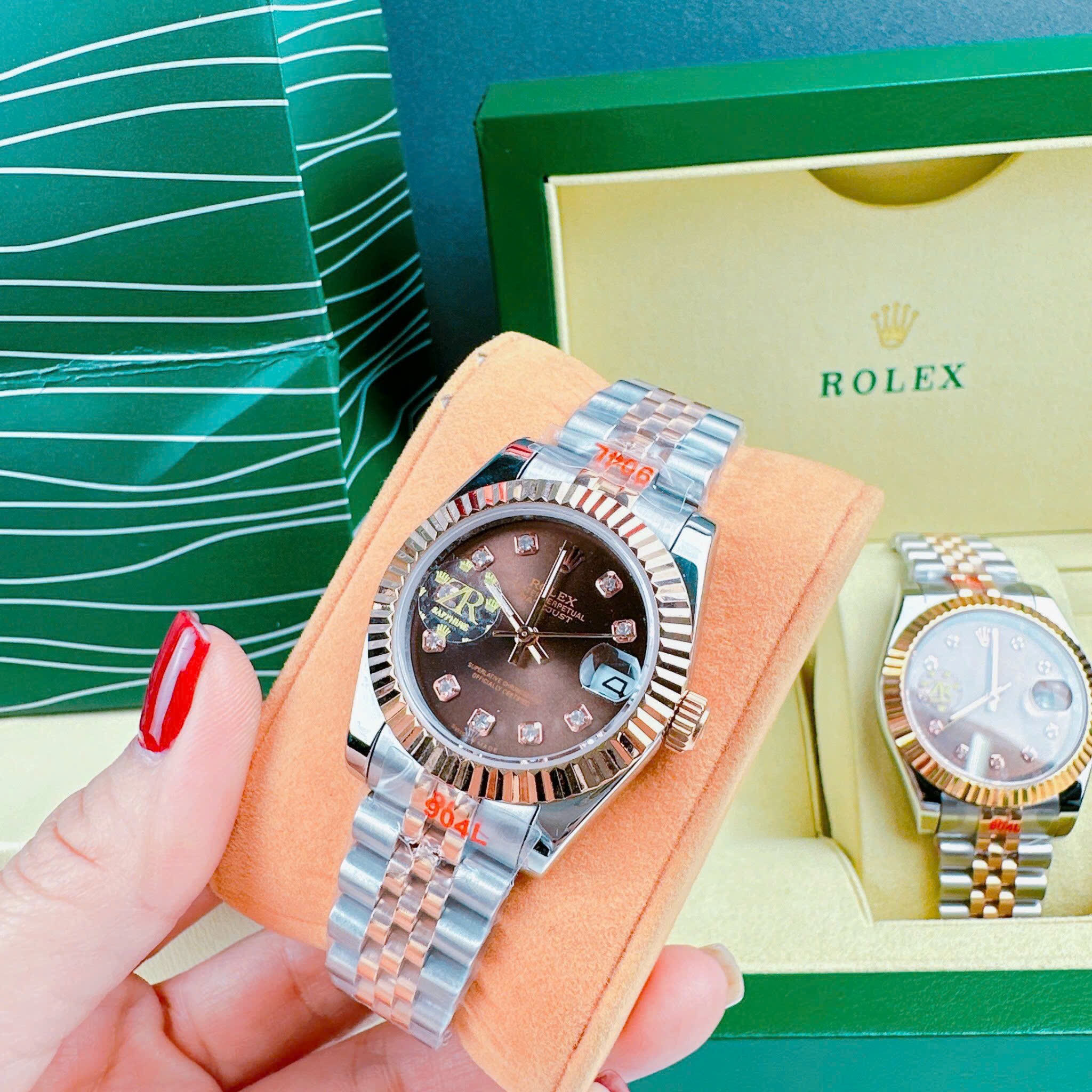 Đồng Hồ Rolex Niềng Khía |Cặp Đôi |Mặt Nâu |Dây Kim Loại Demi Rose Gold |Máy Cơ (Automatic) |Size 41x31mm |donghogiatot.vn