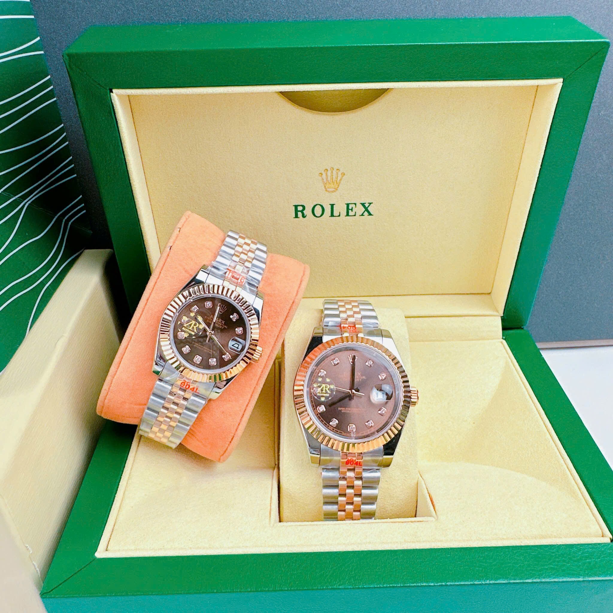 Đồng Hồ Rolex Niềng Khía |Cặp Đôi |Mặt Nâu |Dây Kim Loại Demi Rose Gold |Máy Cơ (Automatic) |Size 41x31mm |donghogiatot.vn
