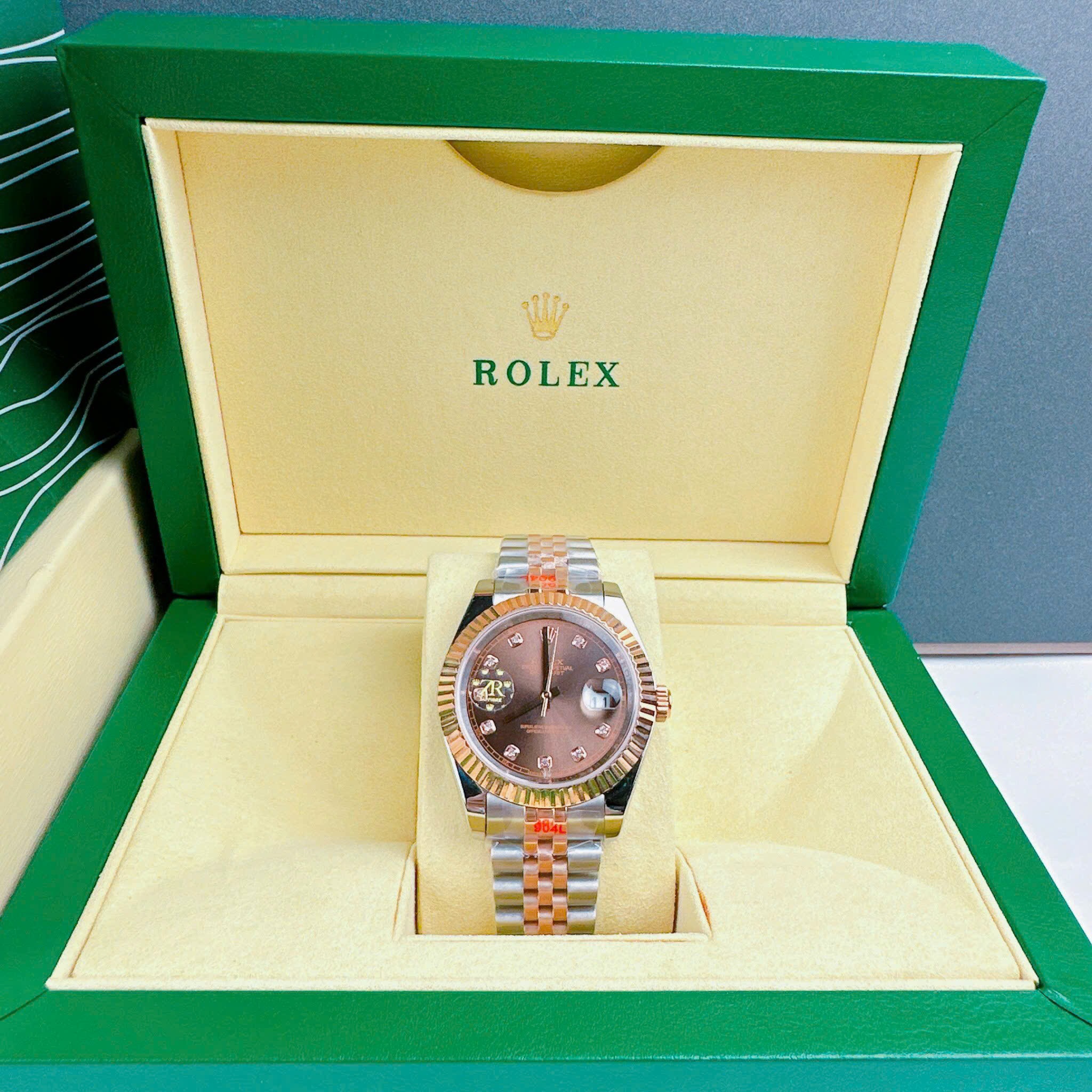 Đồng Hồ Rolex Niềng Khía |Cặp Đôi |Mặt Nâu |Dây Kim Loại Demi Rose Gold |Máy Cơ (Automatic) |Size 41x31mm |donghogiatot.vn