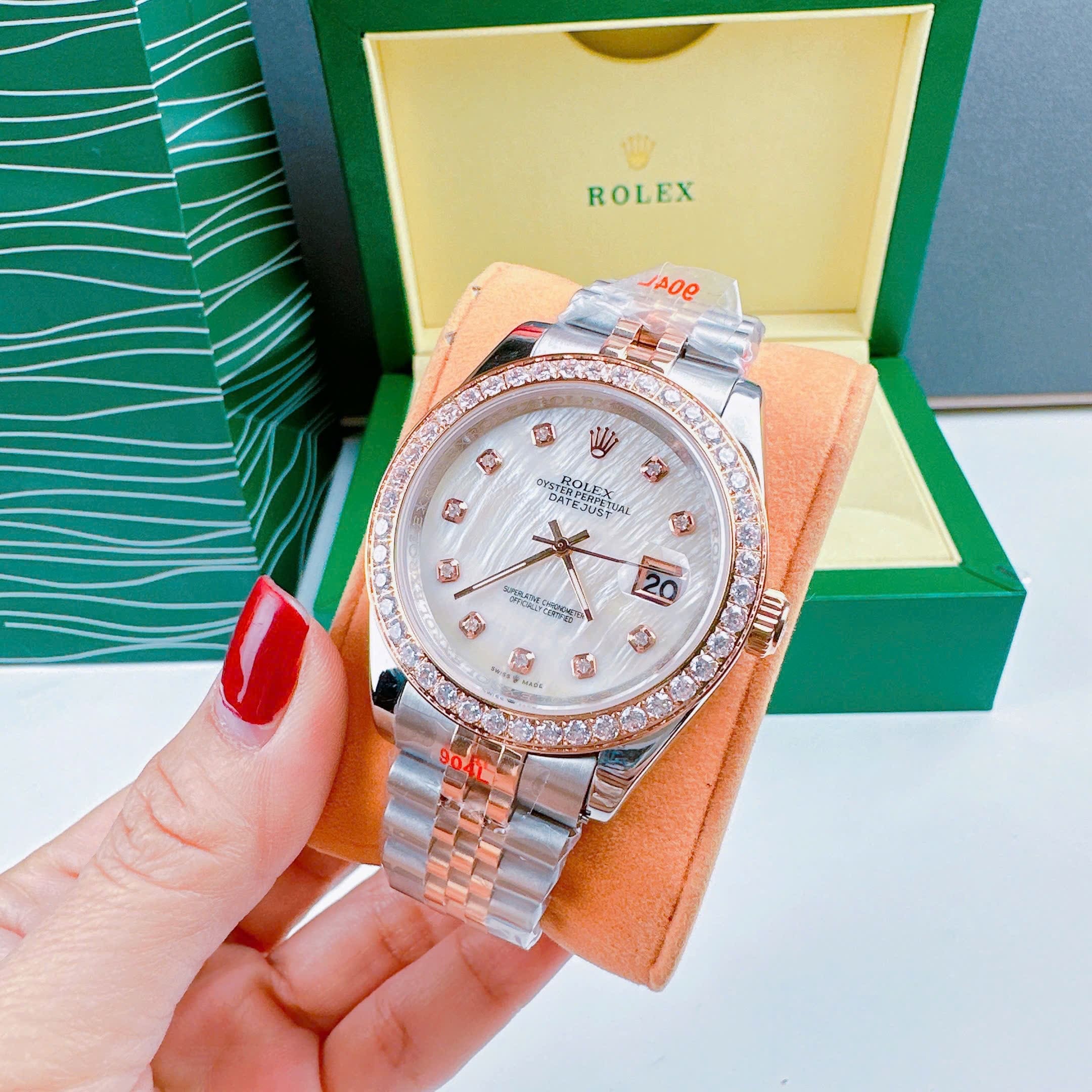 Đồng Hồ Rolex Đính Đá |Cặp Đôi |Mặt Trắng |Dây Kim Loại Demi Rose Gold |Máy Cơ (Automatic) |Size 41x31mm |donghogiatot.vn