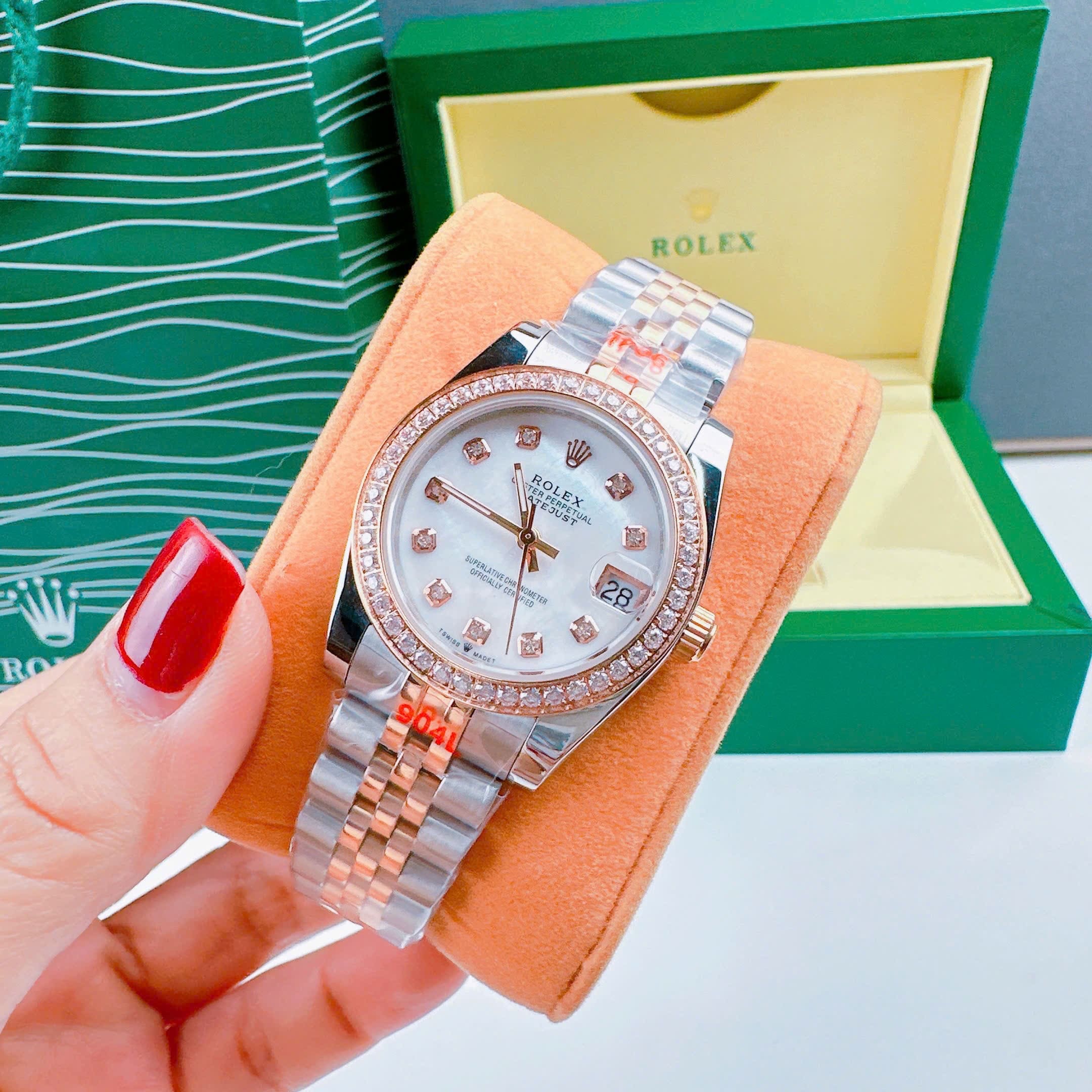 Đồng Hồ Rolex Đính Đá |Cặp Đôi |Mặt Trắng |Dây Kim Loại Demi Rose Gold |Máy Cơ (Automatic) |Size 41x31mm |donghogiatot.vn