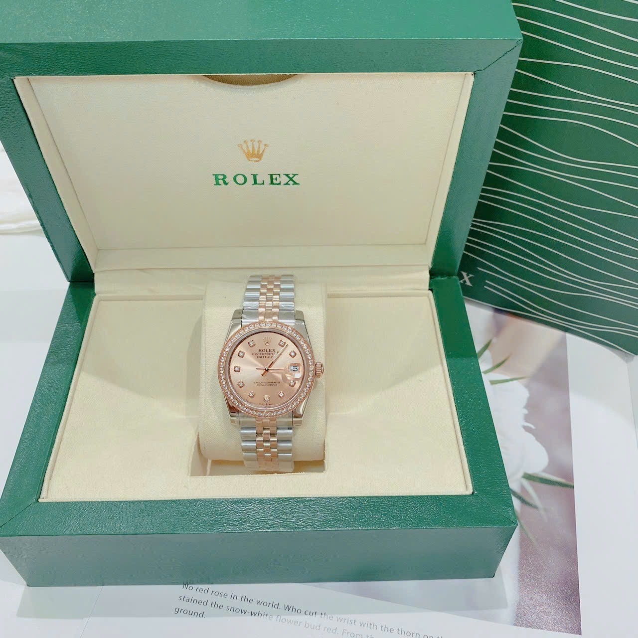 Đồng Hồ Rolex Đính Đá |Nữ Giới |Mặt Hồng Trà |Dây Kim Loại Demi Rose |Máy Cơ (Automatic) |Size 36mm |donghogiatot.vn