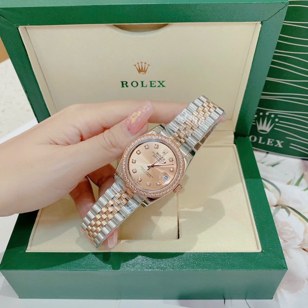 Đồng Hồ Rolex Đính Đá |Nữ Giới |Mặt Hồng Trà |Dây Kim Loại Demi Rose |Máy Cơ (Automatic) |Size 36mm |donghogiatot.vn