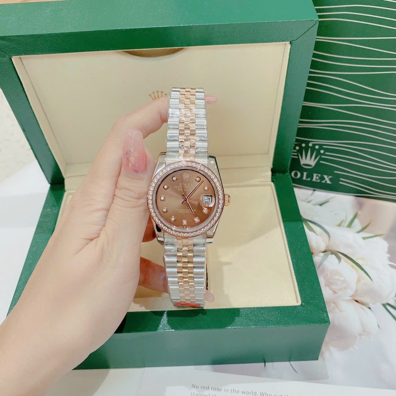 Đồng Hồ Rolex Đính Đá |Nữ Giới |Mặt Nâu |Dây Kim Loại Demi Rose |Máy Cơ (Automatic) |Size 36mm |donghogiatot.vn