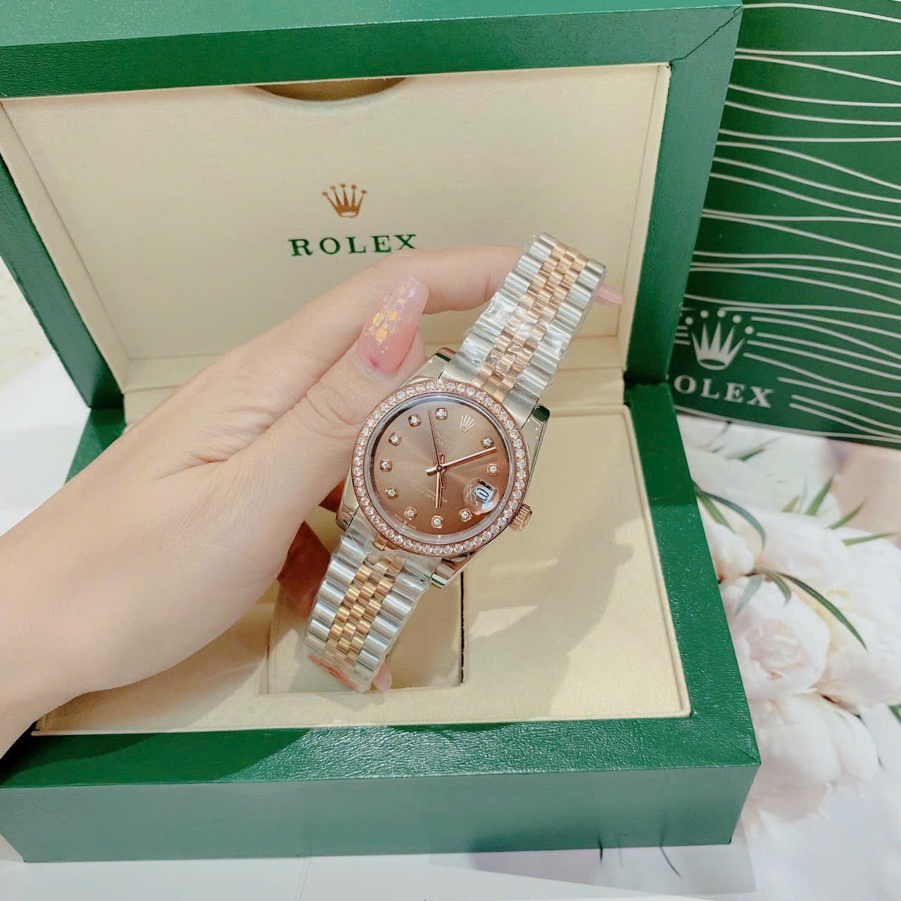 Đồng Hồ Rolex Đính Đá |Nữ Giới |Mặt Nâu |Dây Kim Loại Demi Rose |Máy Cơ (Automatic) |Size 36mm |donghogiatot.vn