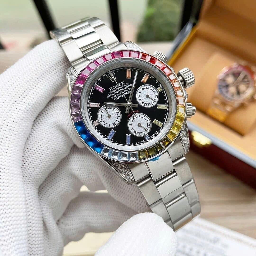 Đồng Hồ Rolex Daytona Rainbow |Nam Giới |Đính Đá |Dây Kim Loại Trắng Silver |Máy Cơ (Automatic) |Size 40mm |donghogiatot.vn