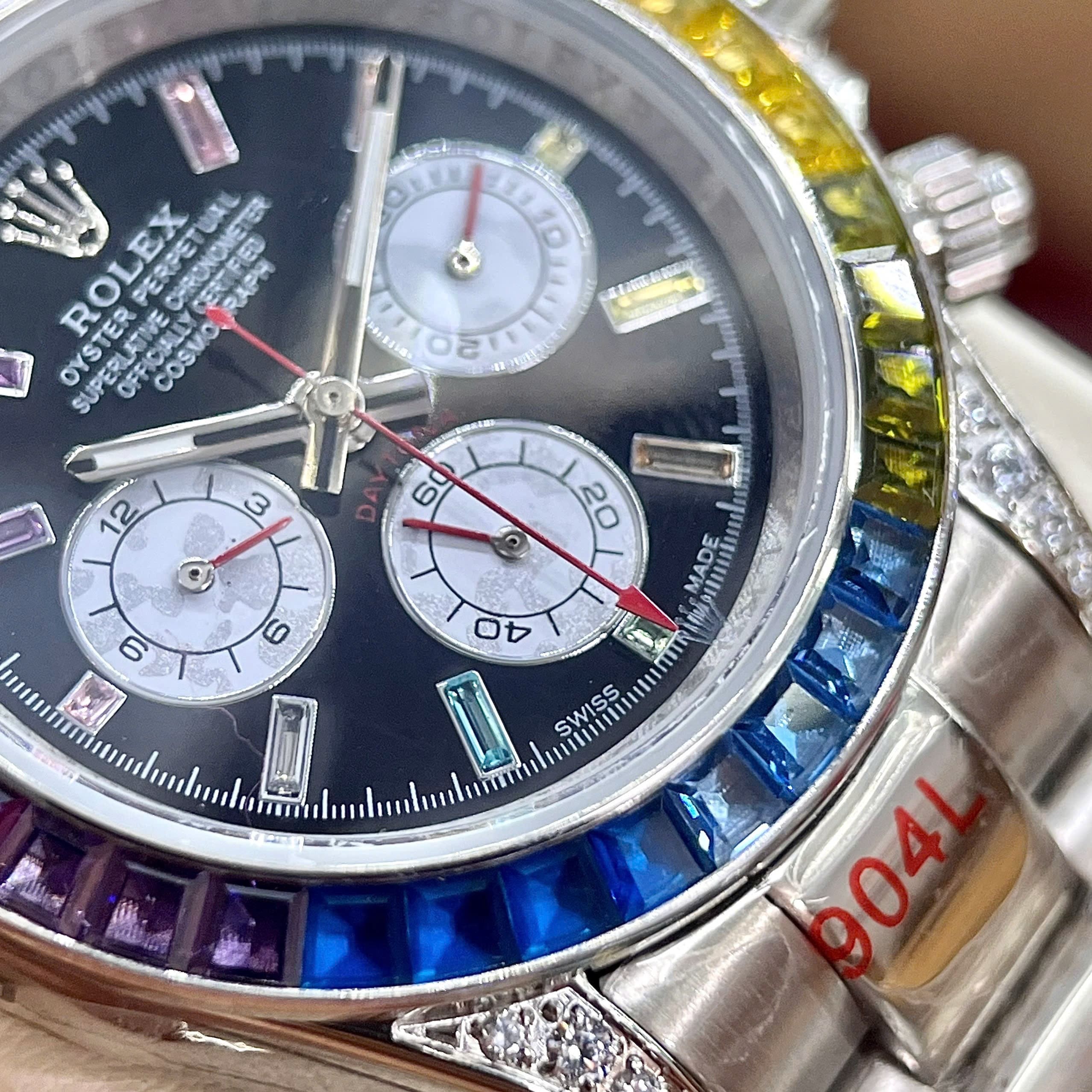 Đồng Hồ Rolex Daytona Rainbow |Nam Giới |Đính Đá |Dây Kim Loại Trắng Silver |Máy Cơ (Automatic) |Size 40mm |donghogiatot.vn