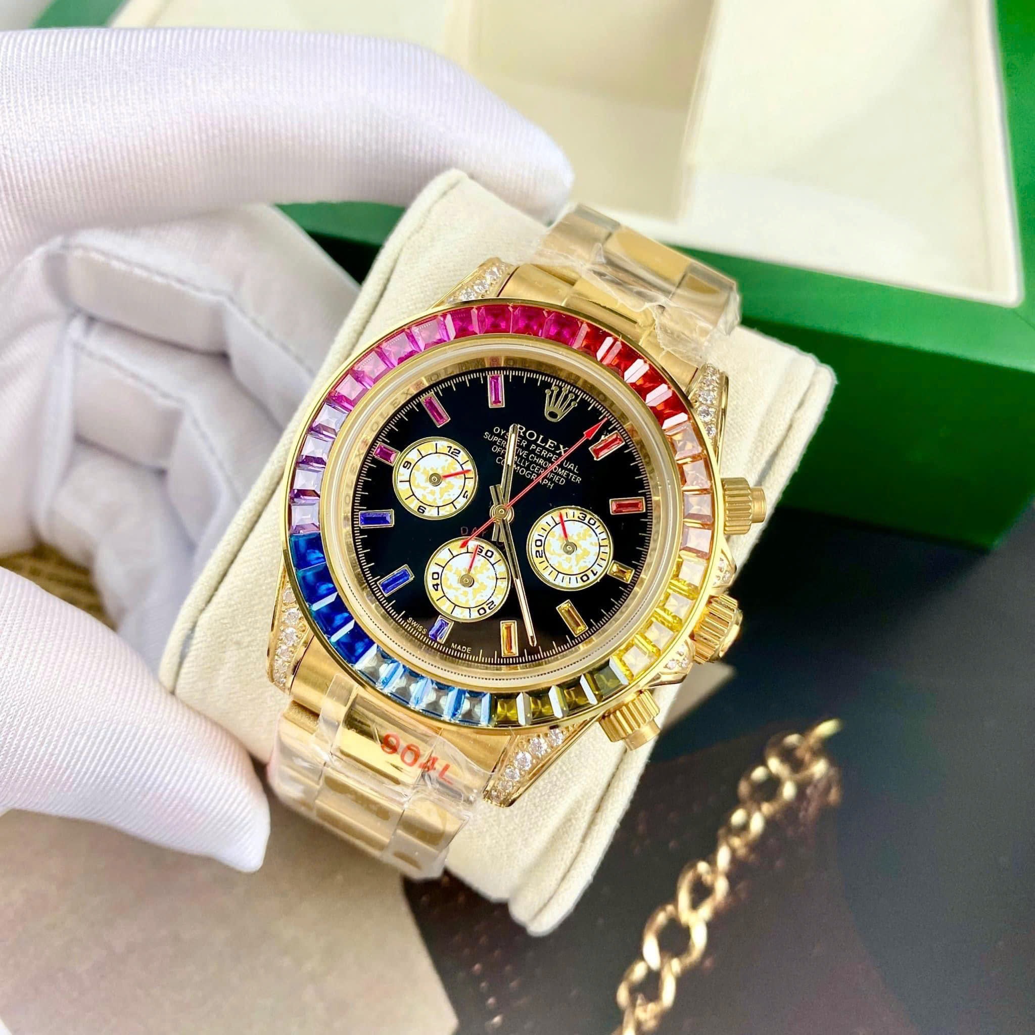 Đồng Hồ Rolex Daytona Rainbow |Nam Giới |Đính Đá |Dây Kim Loại Vàng Gold |Máy Cơ (Automatic) |Size 40mm |donghogiatot.vn