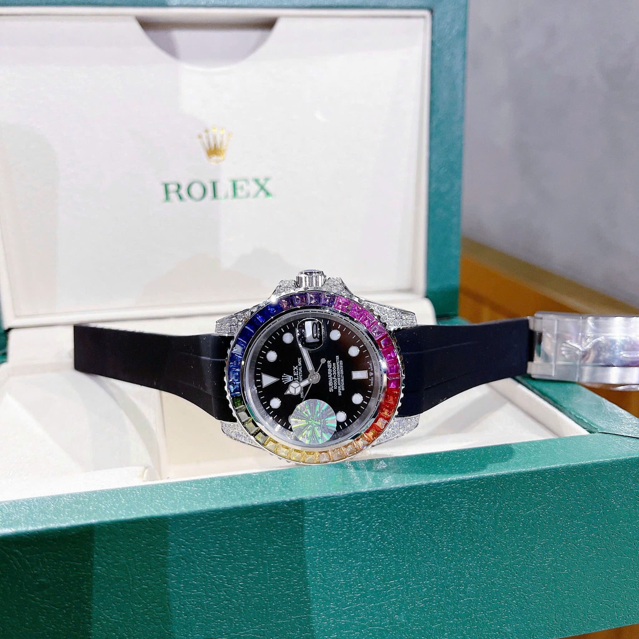 Đồng Hồ Rolex Submariner |Nam Giới |Đính Đá 7 Màu |Dây Silicone Đen |Máy cơ (Automatic) |Size 41mm |donghogiatot.vn