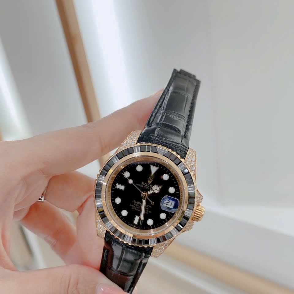 Đồng Hồ Rolex Submariner |Nam Giới |Đính Đá Vàng Gold |Dây Da Đen |Máy Cơ (Automatic) |Size 41mm |donghogiatot.vn