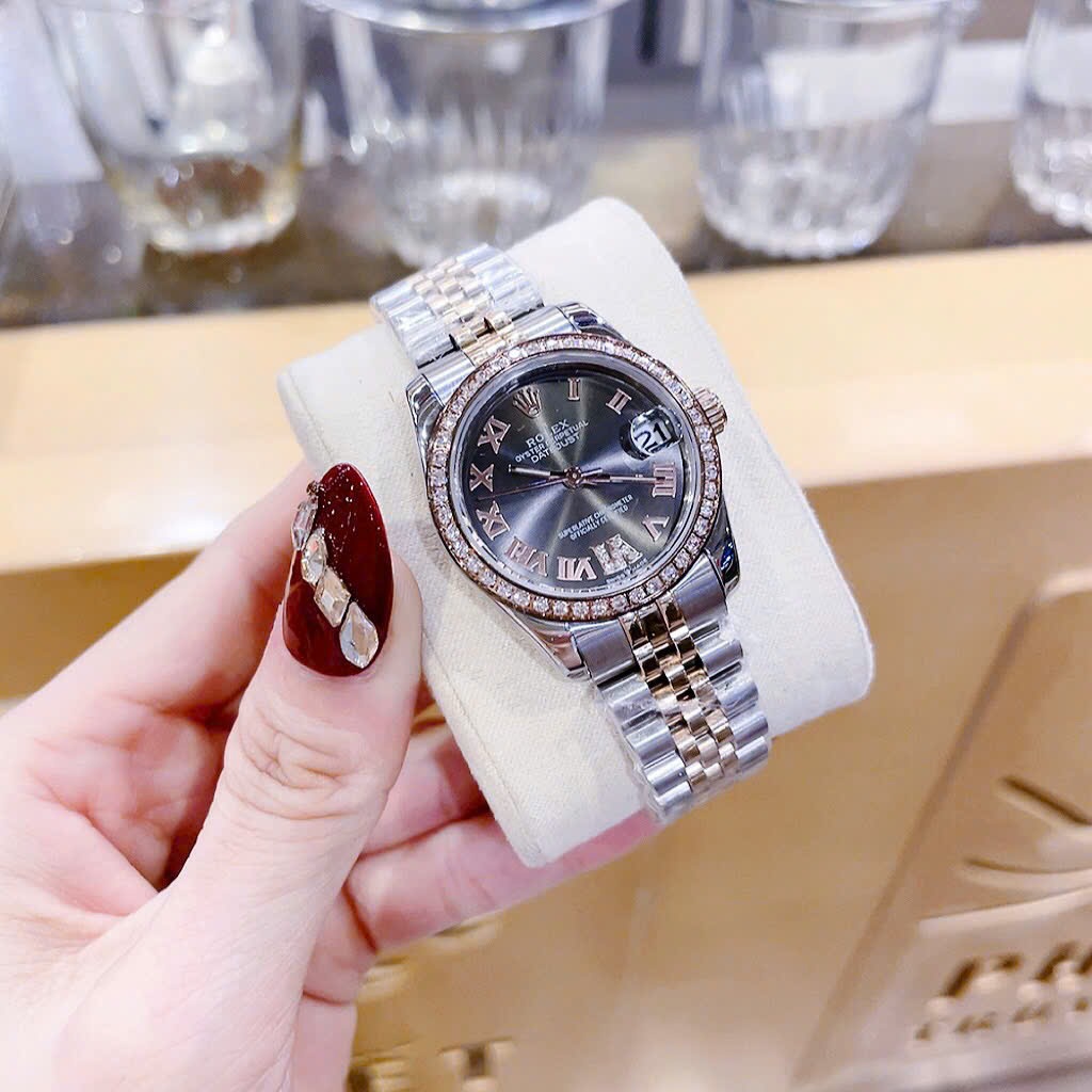 Đồng Hồ Rolex Mặt Số La Mã |Nữ Giới |Đen |Đính Đá |Dây Kim Loại Demi |Máy Pin (Máy Quartz) |Size 31mm |donghogiatot.vn
