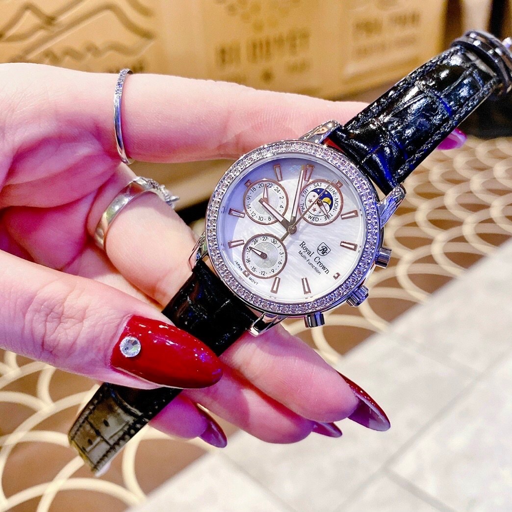 Đồng Hồ Royal Crown 6 Kim |Nữ Giới |Mặt Đính Đá |Dây Da Đen |Máy Pin (Quartz) |Size 34mm |donghogiatot.vn
