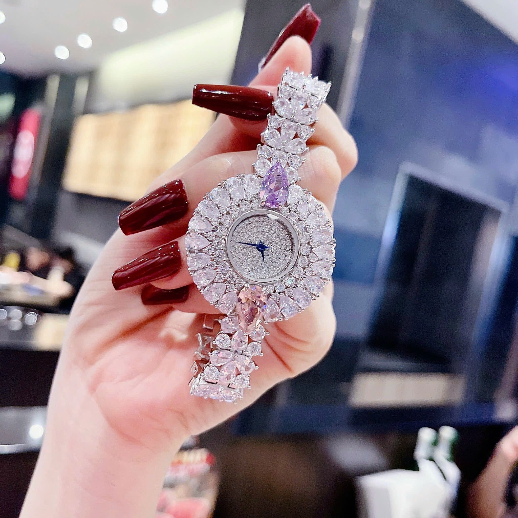 Đồng Hồ Royal Crown Bông Hoa Full Đá |Nữ Giới |Lắc Tay Đính Pha Lê Tím |Máy Pin (Quartz) |Size 36mm |donghogiatot.vn