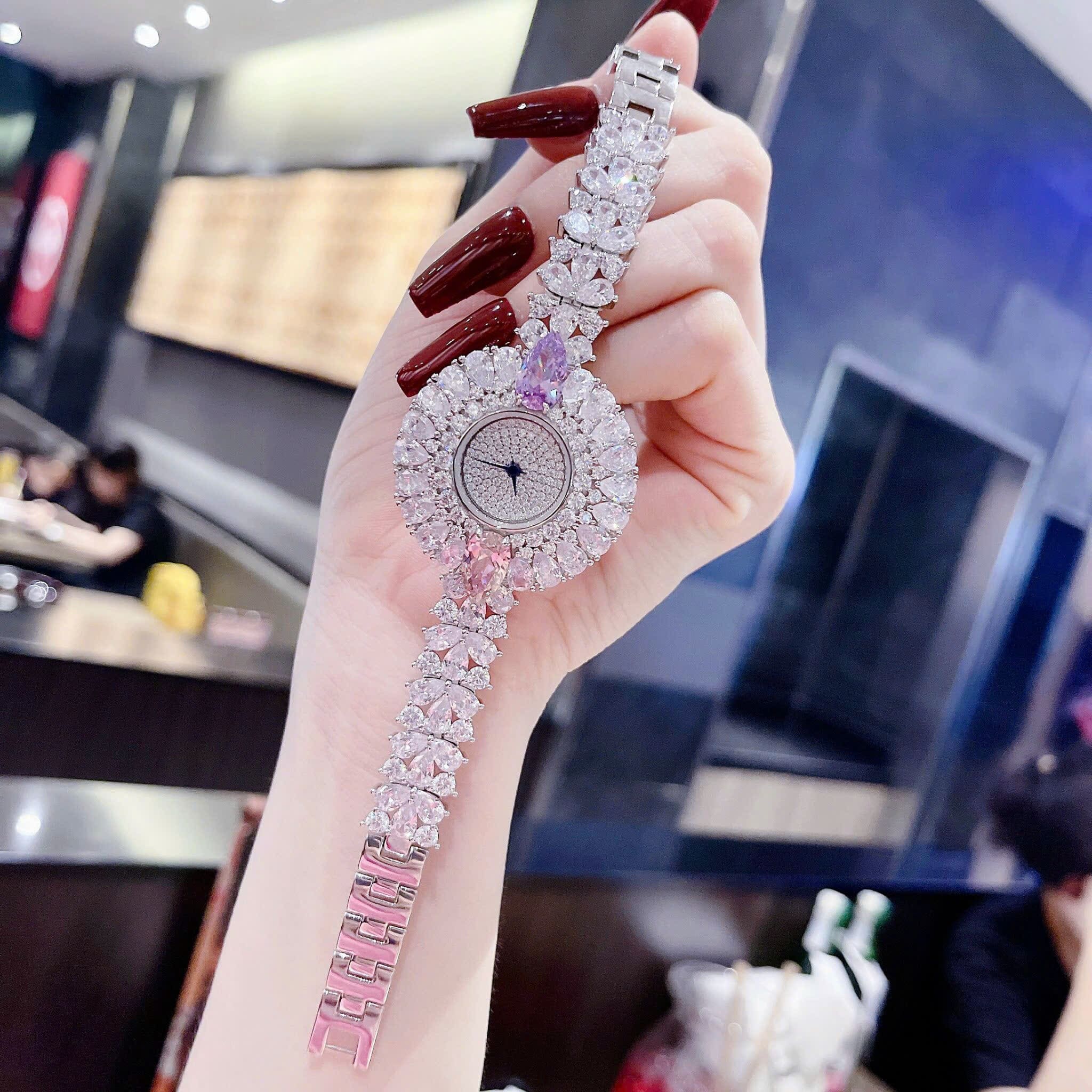 Đồng Hồ Royal Crown Bông Hoa Full Đá |Nữ Giới |Lắc Tay Đính Pha Lê Tím |Máy Pin (Quartz) |Size 36mm |donghogiatot.vn