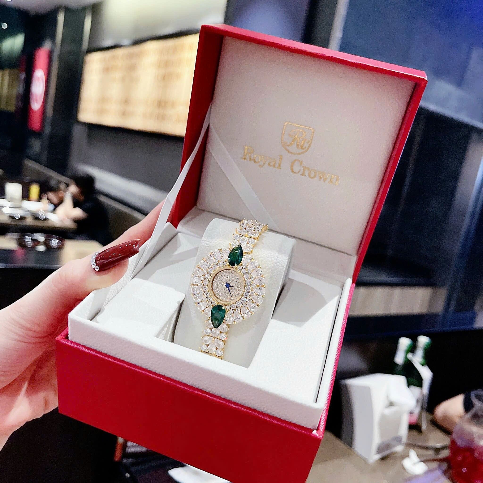 Đồng Hồ Royal Crown Bông Hoa Full Đá |Nữ Giới |Lắc Tay Đính Pha Lê Xanh Lá |Máy Pin (Quartz) |Size 36mm |donghogiatot.vn