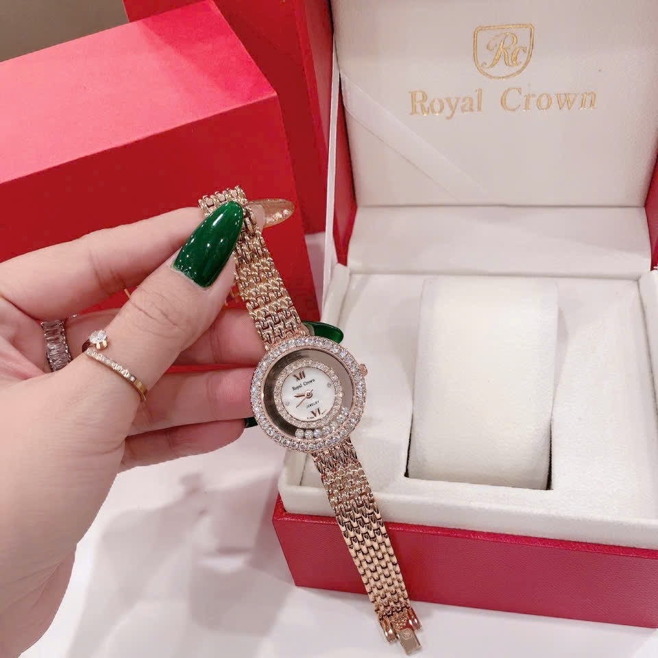 Đồng Hồ Royal Crown Đính Đá Chạy |Nữ Giới |Dây Kim Loại Rose Gold |Máy Pin (Quartz) |Size 32mm |donghogiatot.vn