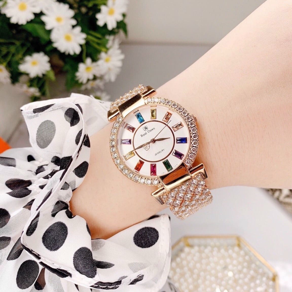 Đồng Hồ Royal Crown Đính Đá Nhiều Màu |Nữ Giới |Dây Kim Loại Rose Gold |Máy Pin (Quartz) |Size 36mm |donghogaitot.vn