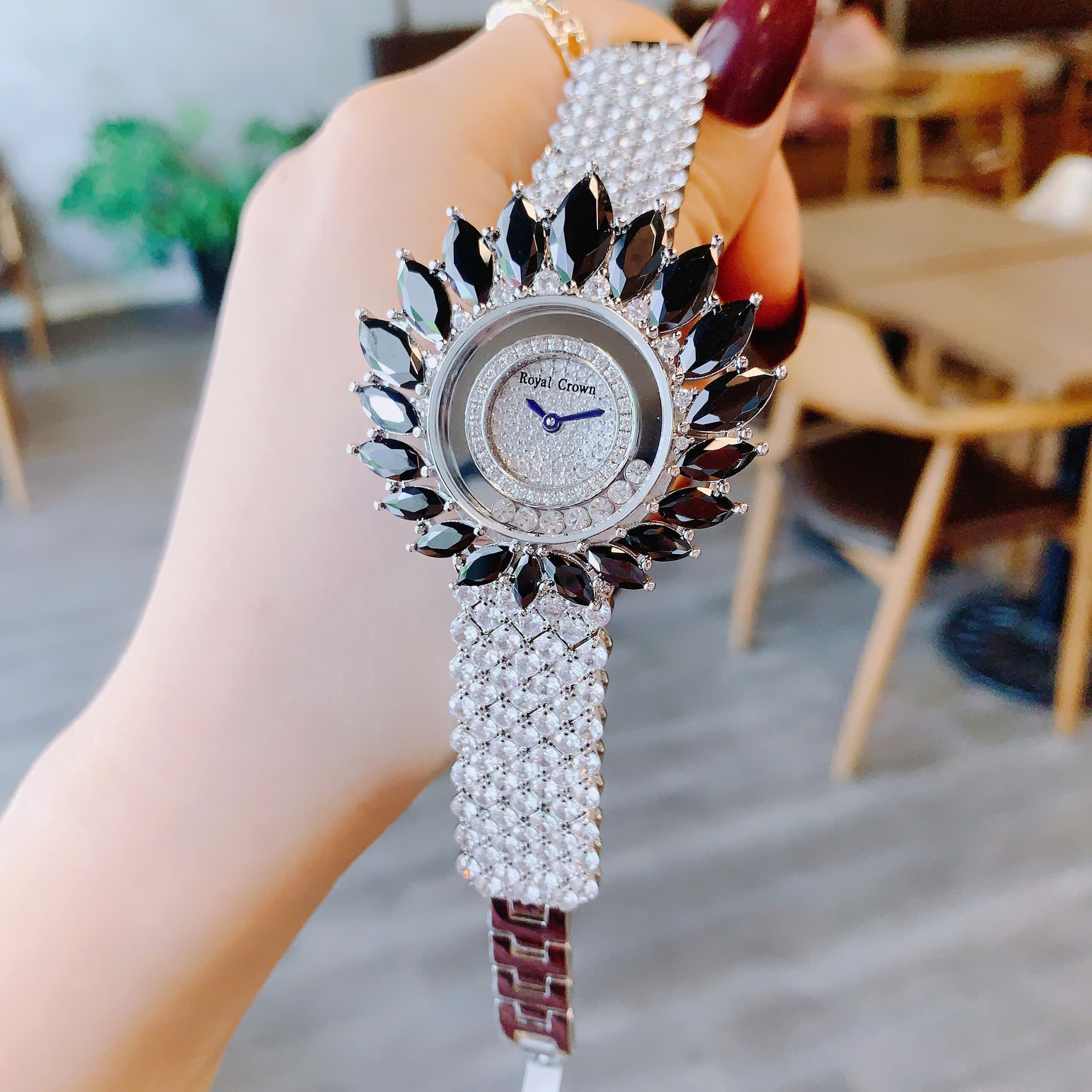 Đồng Hồ Royal Crown Đính Pha Lê Đen |Nữ Giới |Dây Kim Loại Đính Đá |Máy Pin (Quartz) |Size 38mm |donghogiatot.vn