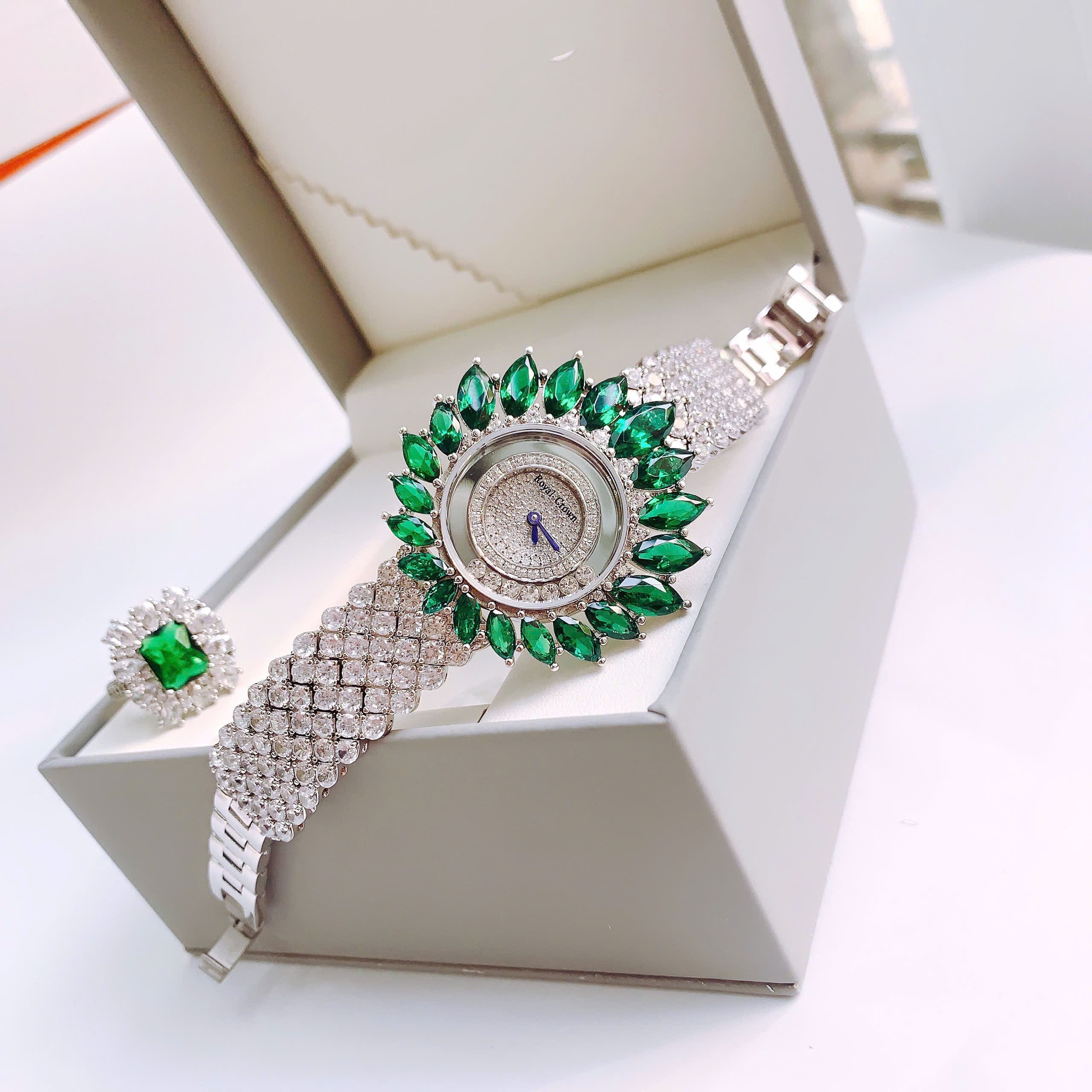 Đồng Hồ Royal Crown Đính Pha Lê Xanh Lá |Nữ Giới |Dây Kim Loại Đính Đá |Máy Pin (Quartz) |Size 38mm |donghogiatot.vn