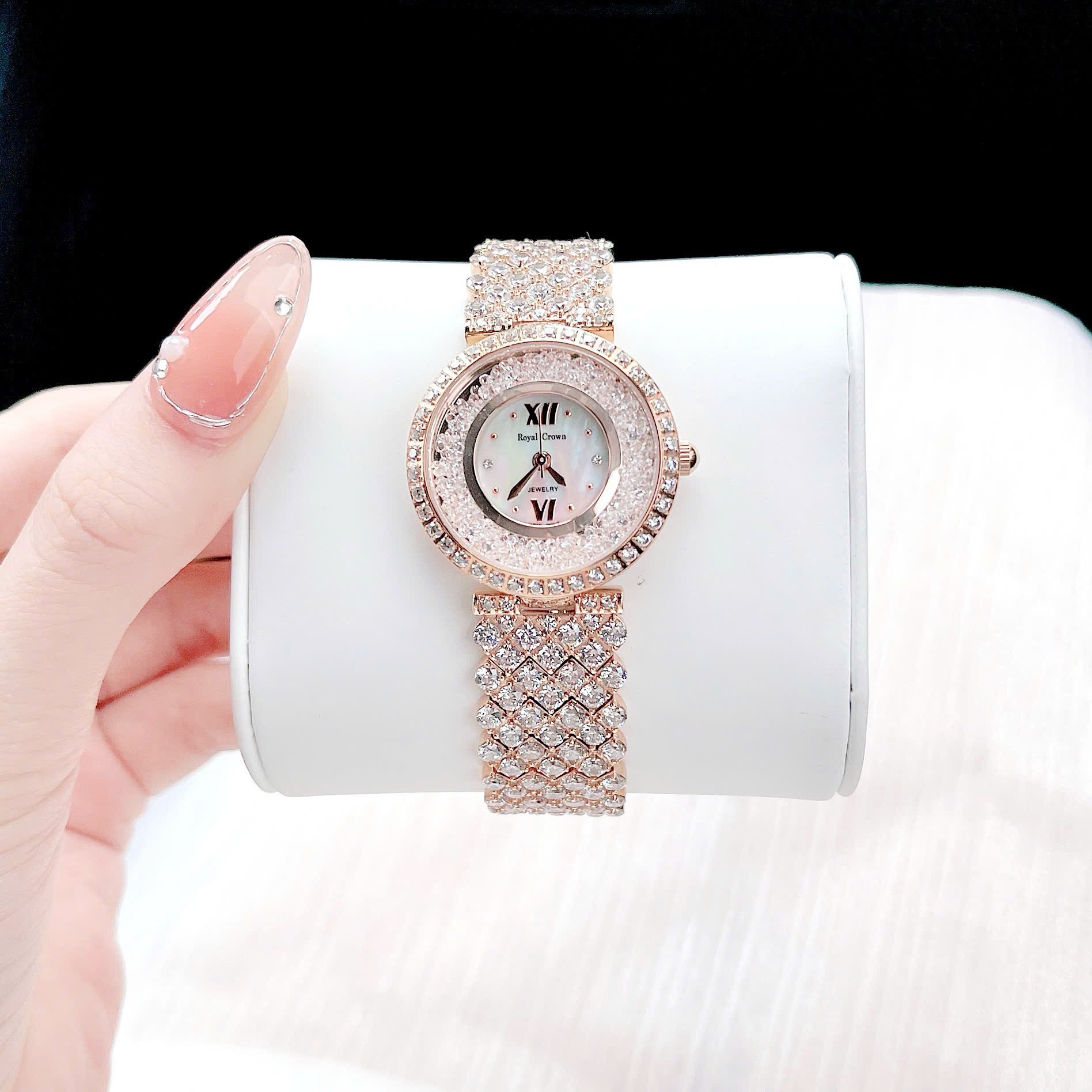 Đồng Hồ Royal Crown Full Đá Rơi |Nữ Giới |Dây Kim Loại Rose Gold |Máy Pin (Quartz) |Size 34mm |donghogiatot.vn