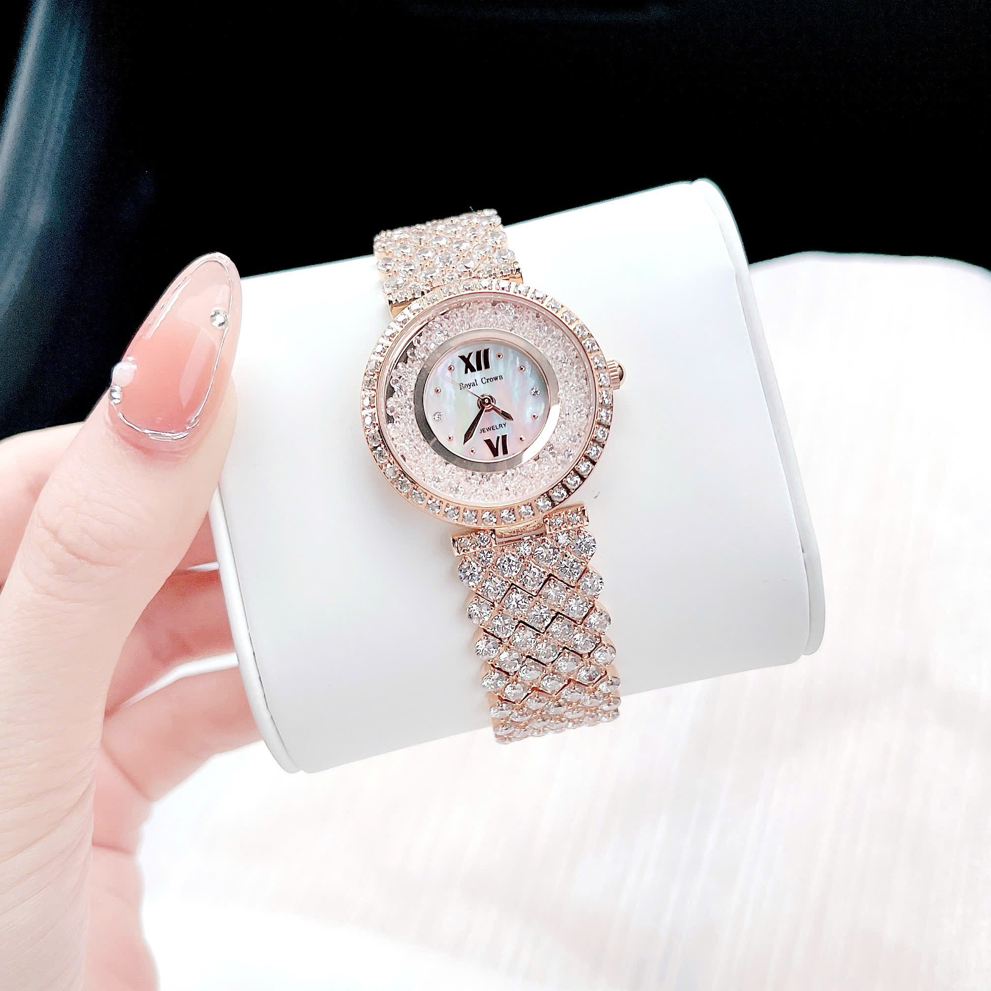 Đồng Hồ Royal Crown Full Đá Rơi |Nữ Giới |Dây Kim Loại Rose Gold |Máy Pin (Quartz) |Size 34mm |donghogiatot.vn