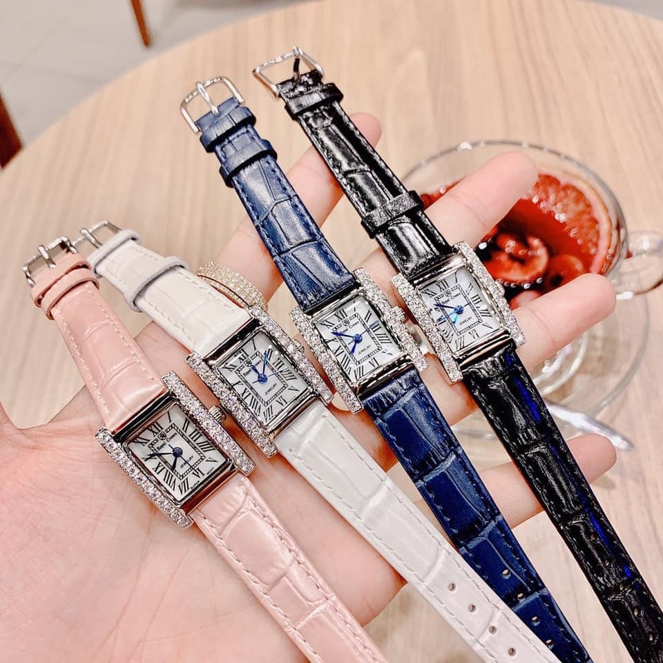 Đồng Hồ Royal Crown Mặt Chữ Nhật |Nữ Giới |Số La Mã |Đính Đá |Dây Da Trắng |Máy Pin (Quartz) |Size 20x28mm |donghogiatot.vn
